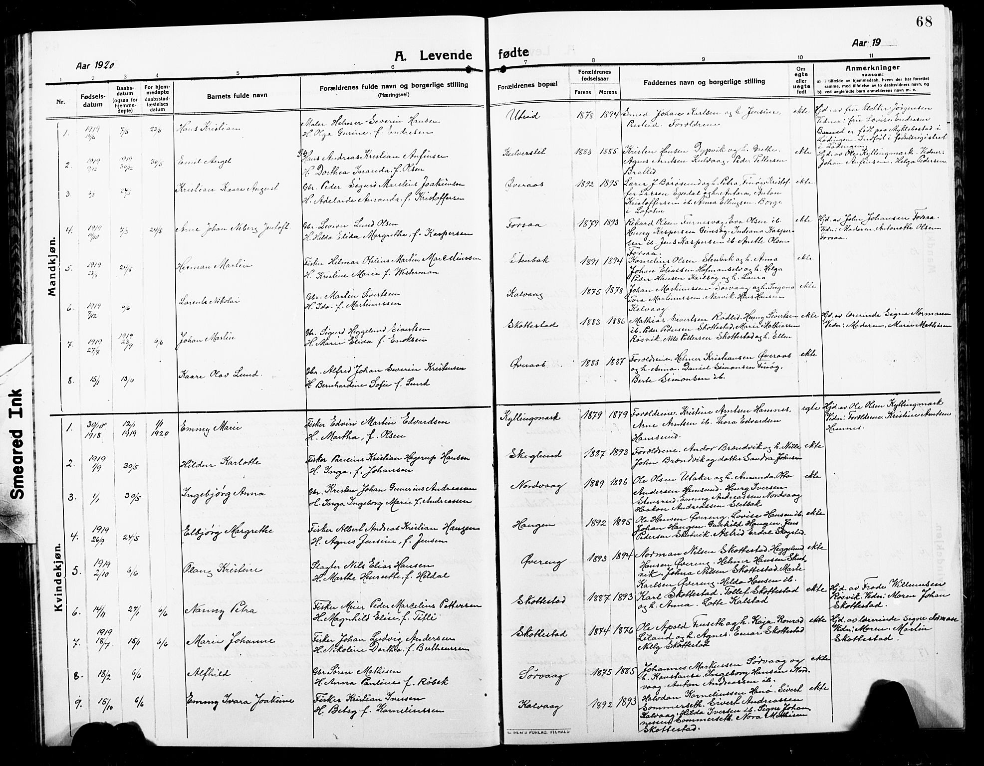 Ministerialprotokoller, klokkerbøker og fødselsregistre - Nordland, SAT/A-1459/859/L0861: Parish register (copy) no. 859C07, 1910-1925, p. 68