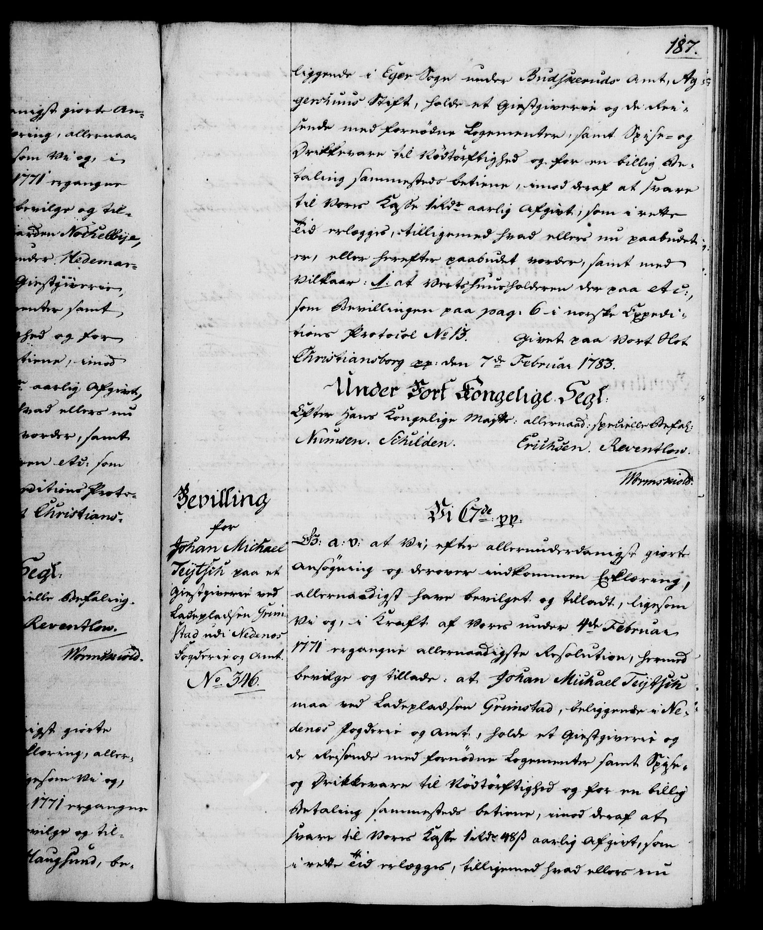 Rentekammeret, Kammerkanselliet, RA/EA-3111/G/Gg/Gga/L0012: Norsk ekspedisjonsprotokoll med register (merket RK 53.12), 1781-1783, p. 187