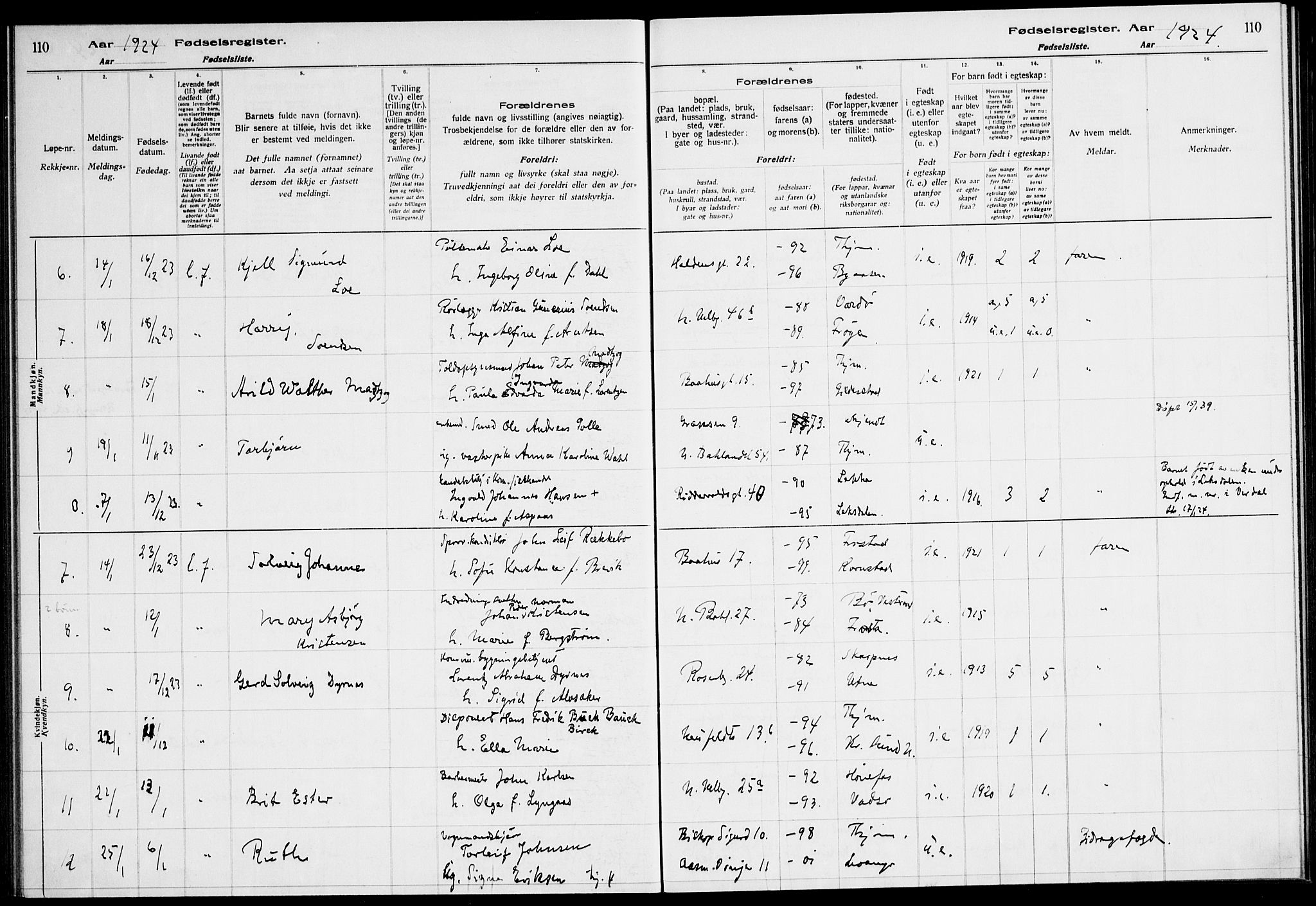 Ministerialprotokoller, klokkerbøker og fødselsregistre - Sør-Trøndelag, AV/SAT-A-1456/604/L0233: Birth register no. 604.II.4.2, 1920-1928, p. 110