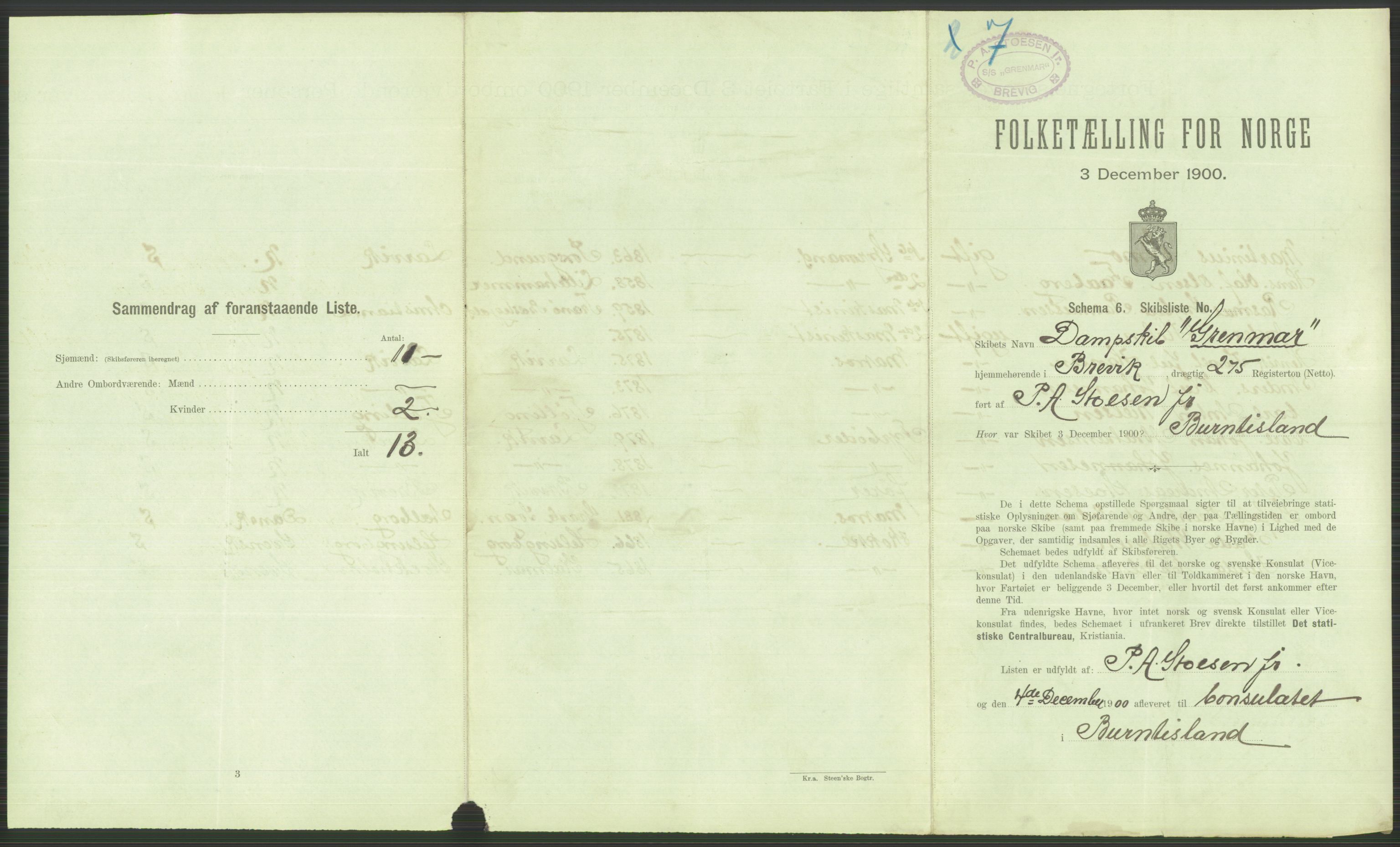 RA, 1900 Census - ship lists from ships in Norwegian harbours, harbours abroad and at sea, 1900, p. 3763