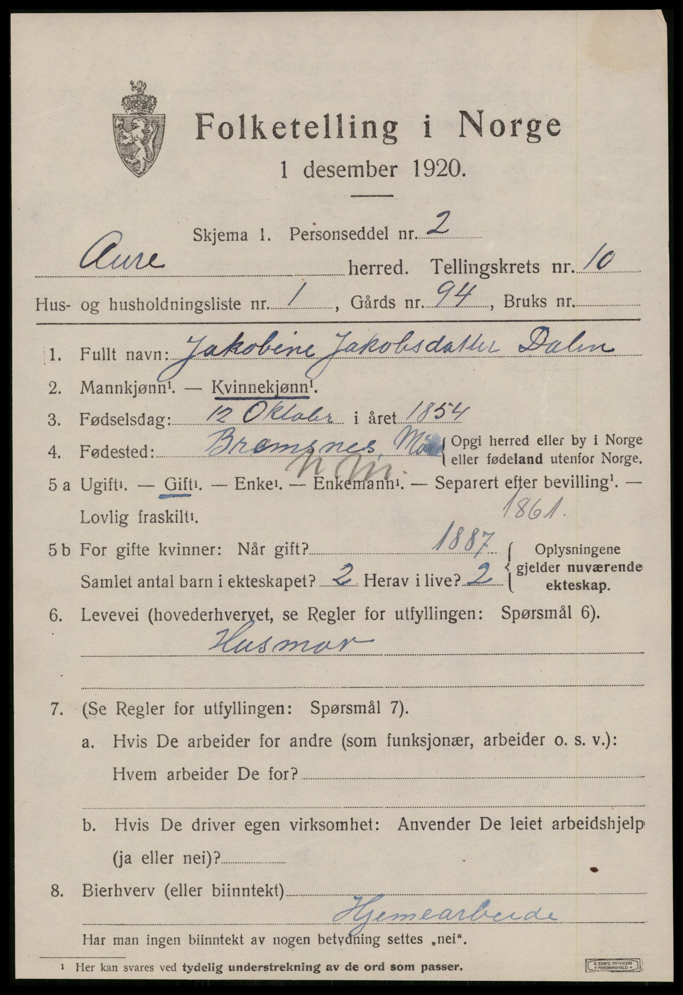 SAT, 1920 census for Aure, 1920, p. 3978