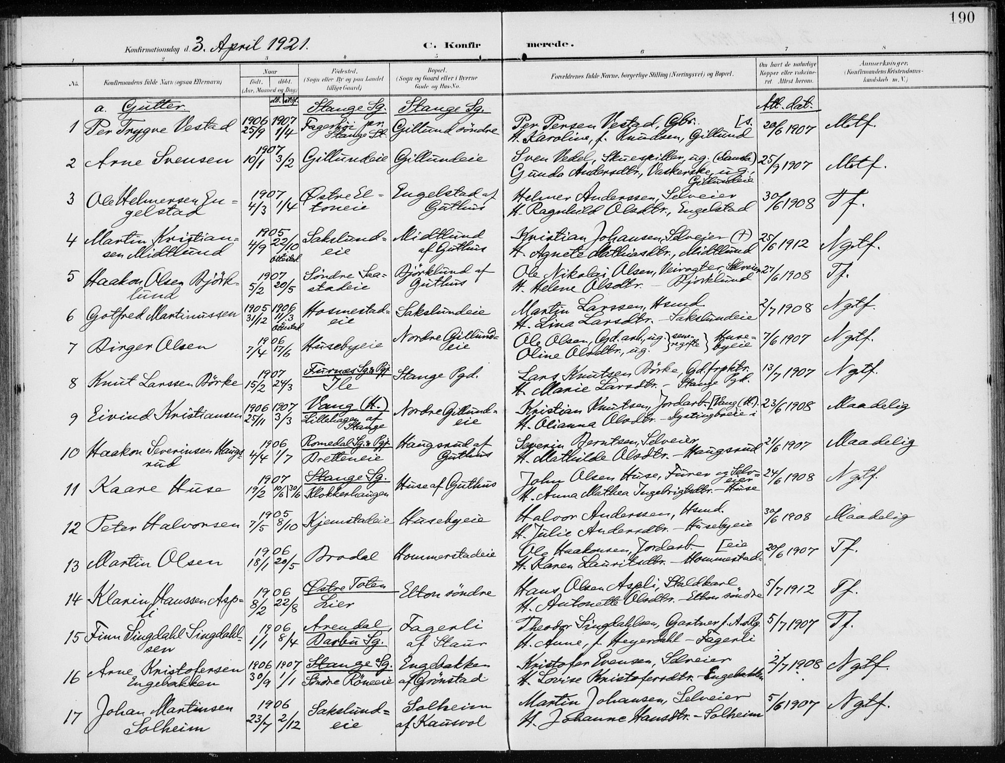 Stange prestekontor, AV/SAH-PREST-002/K/L0024: Parish register (official) no. 24, 1906-1922, p. 190