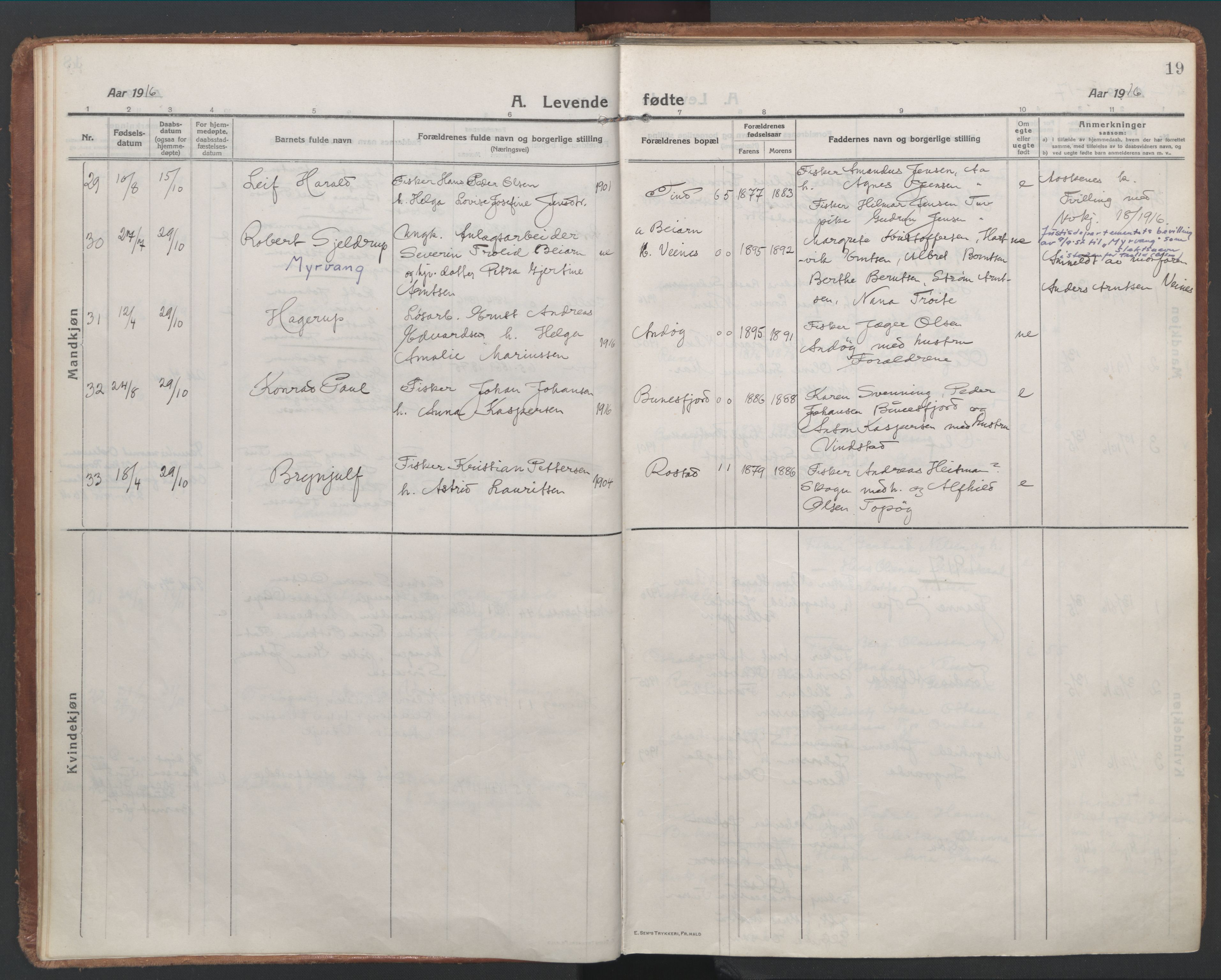 Ministerialprotokoller, klokkerbøker og fødselsregistre - Nordland, SAT/A-1459/886/L1222: Parish register (official) no. 886A04, 1914-1926, p. 19