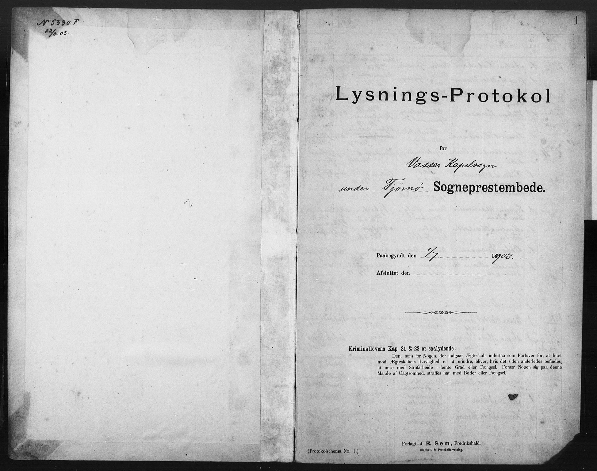 Tjøme kirkebøker, SAKO/A-328/H/Hb/L0001: Banns register no. II 1, 1903-1918, p. 1