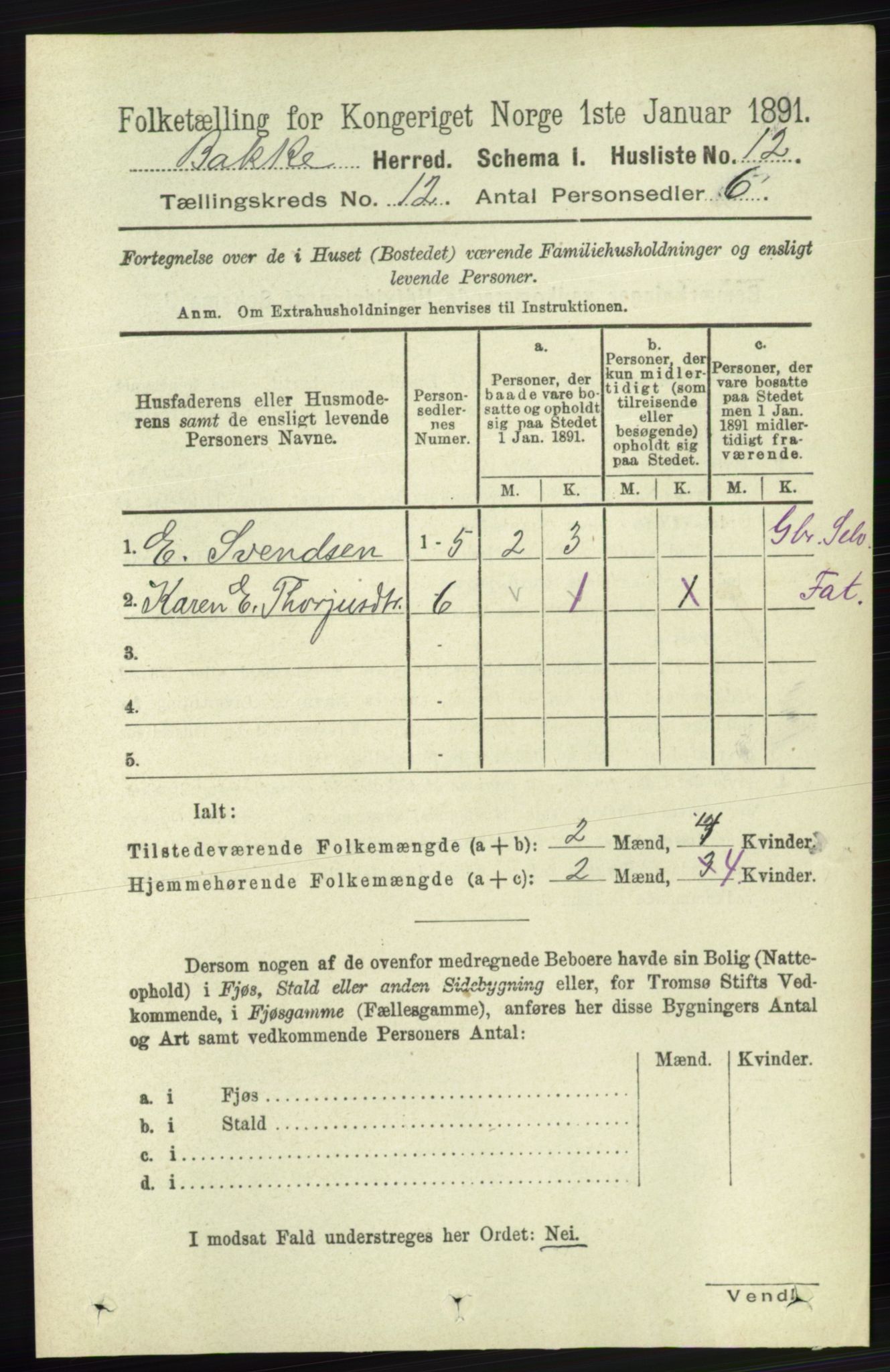 RA, 1891 census for 1045 Bakke, 1891, p. 2390