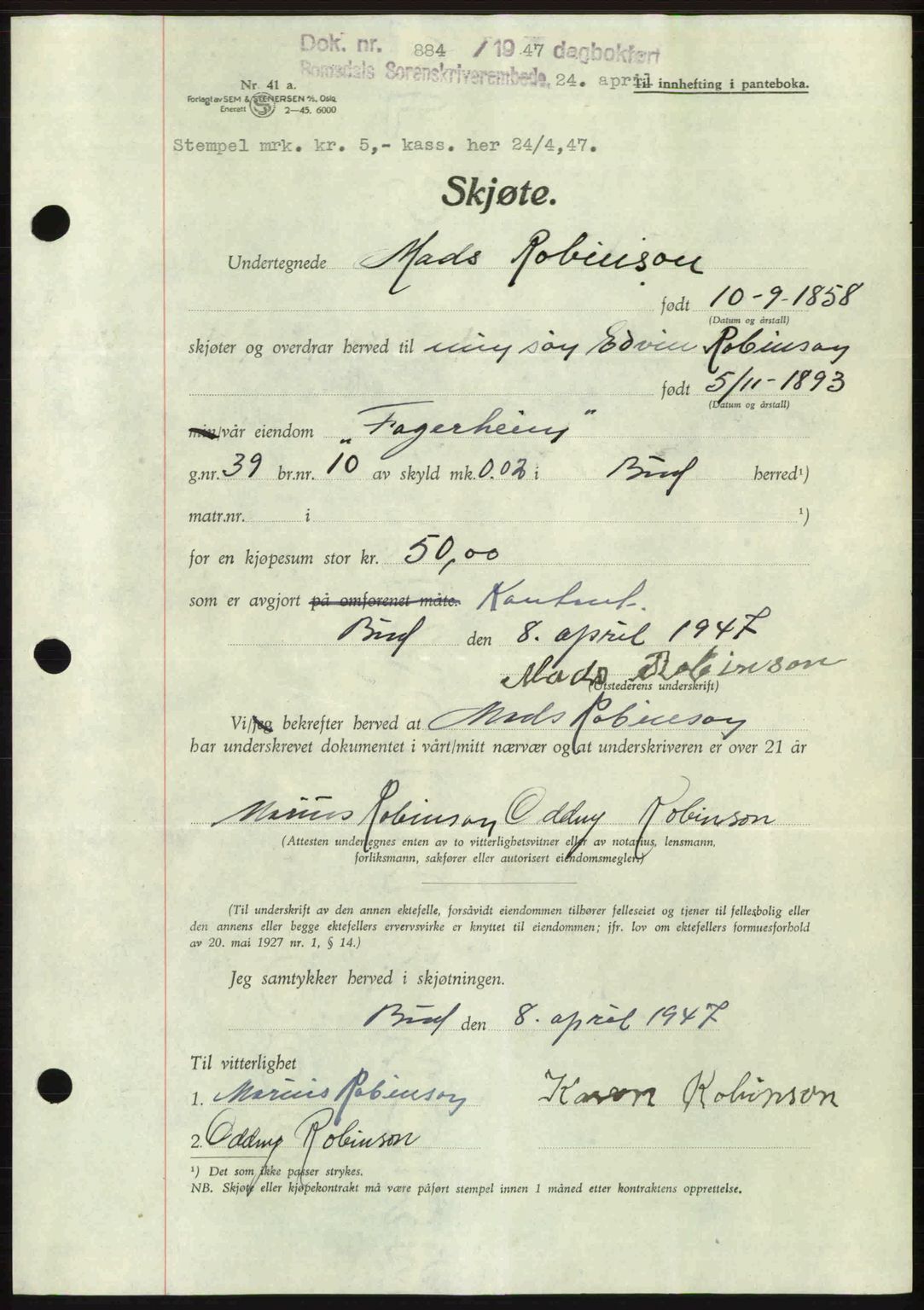 Romsdal sorenskriveri, AV/SAT-A-4149/1/2/2C: Mortgage book no. A22, 1947-1947, Diary no: : 884/1947