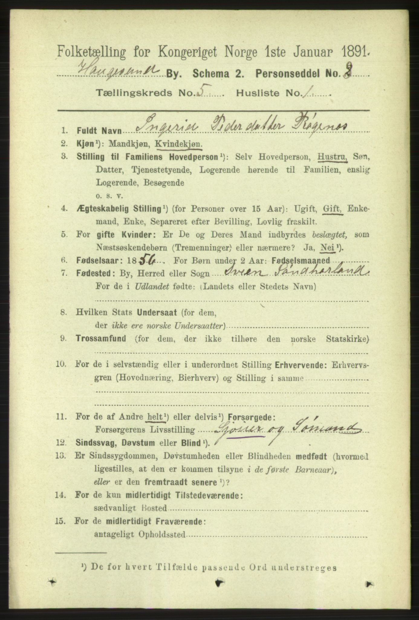 RA, 1891 census for 1106 Haugesund, 1891, p. 1940