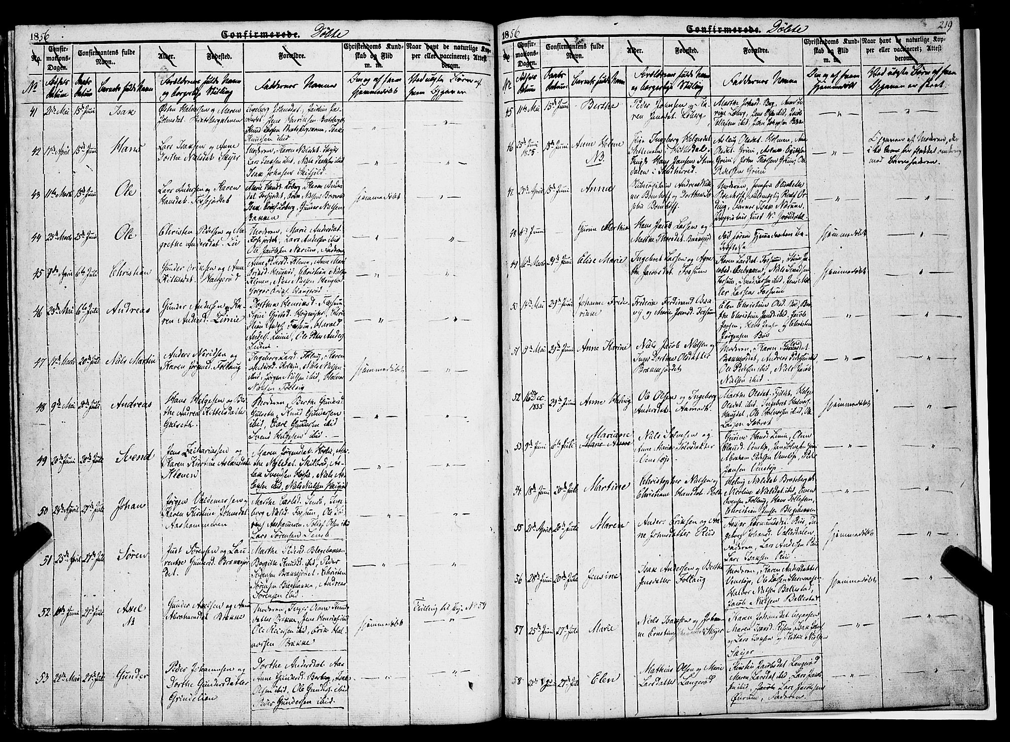 Gjerpen kirkebøker, SAKO/A-265/F/Fa/L0007a: Parish register (official) no. I 7A, 1834-1857, p. 219