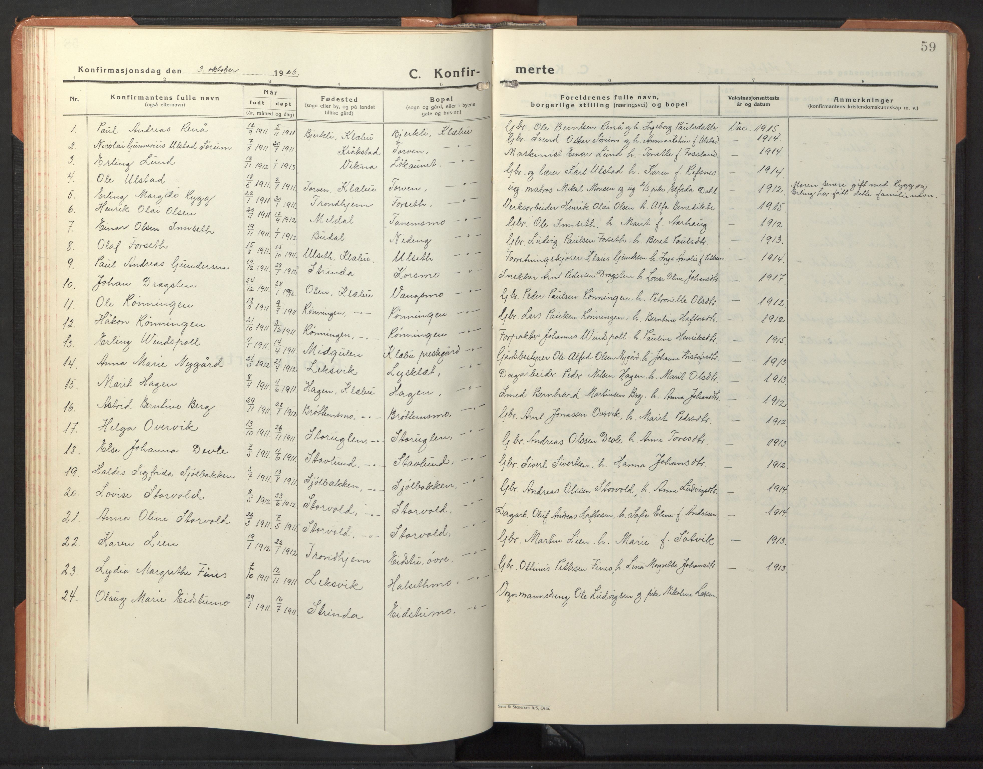 Ministerialprotokoller, klokkerbøker og fødselsregistre - Sør-Trøndelag, SAT/A-1456/618/L0454: Parish register (copy) no. 618C05, 1926-1946, p. 59