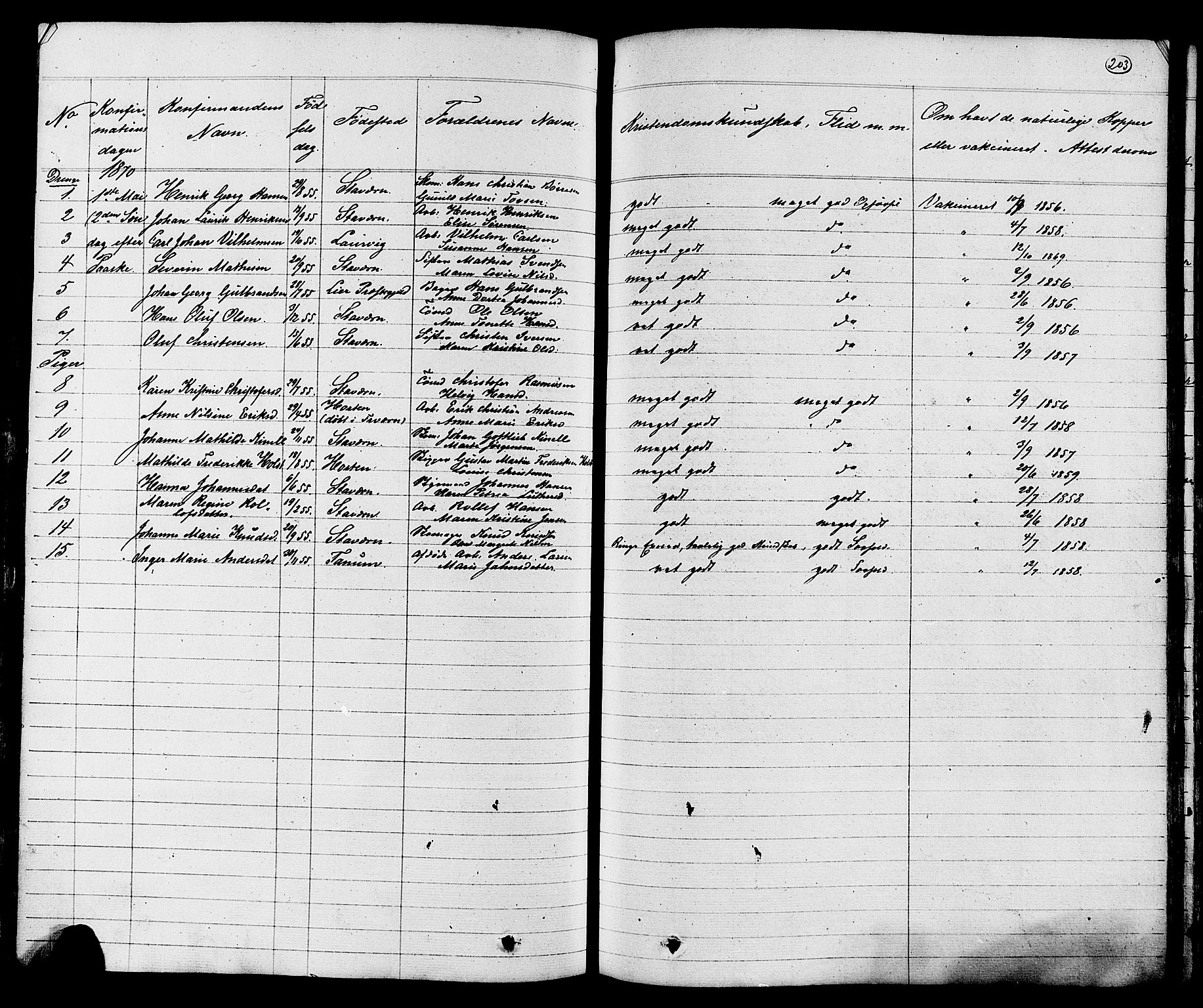 Stavern kirkebøker, SAKO/A-318/G/Ga/L0002: Parish register (copy) no. 2, 1839-1909, p. 203