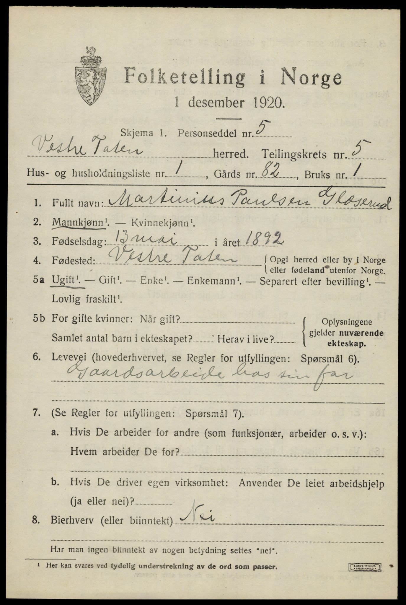 SAH, 1920 census for Vestre Toten, 1920, p. 7302