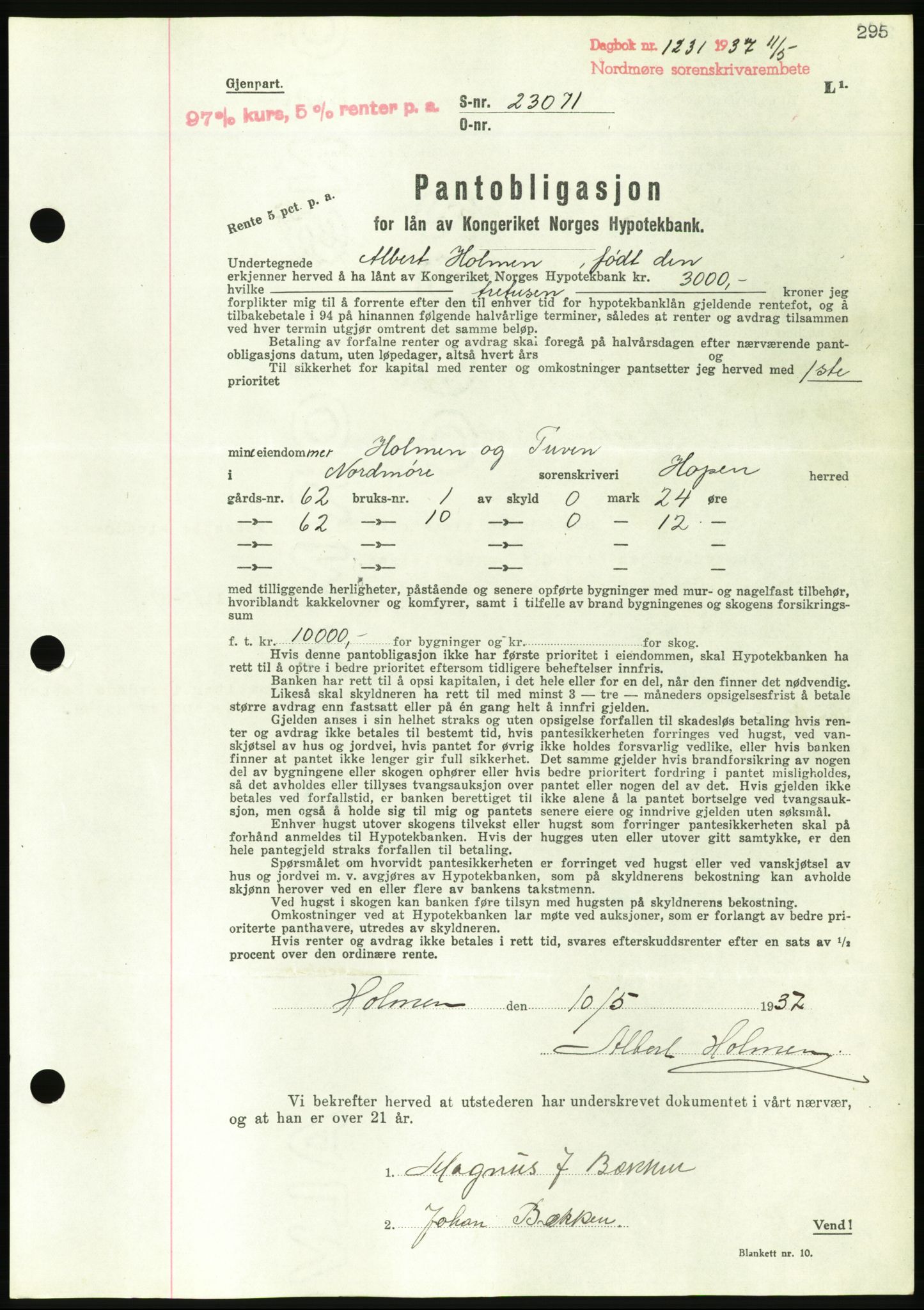 Nordmøre sorenskriveri, AV/SAT-A-4132/1/2/2Ca/L0091: Mortgage book no. B81, 1937-1937, Diary no: : 1231/1937