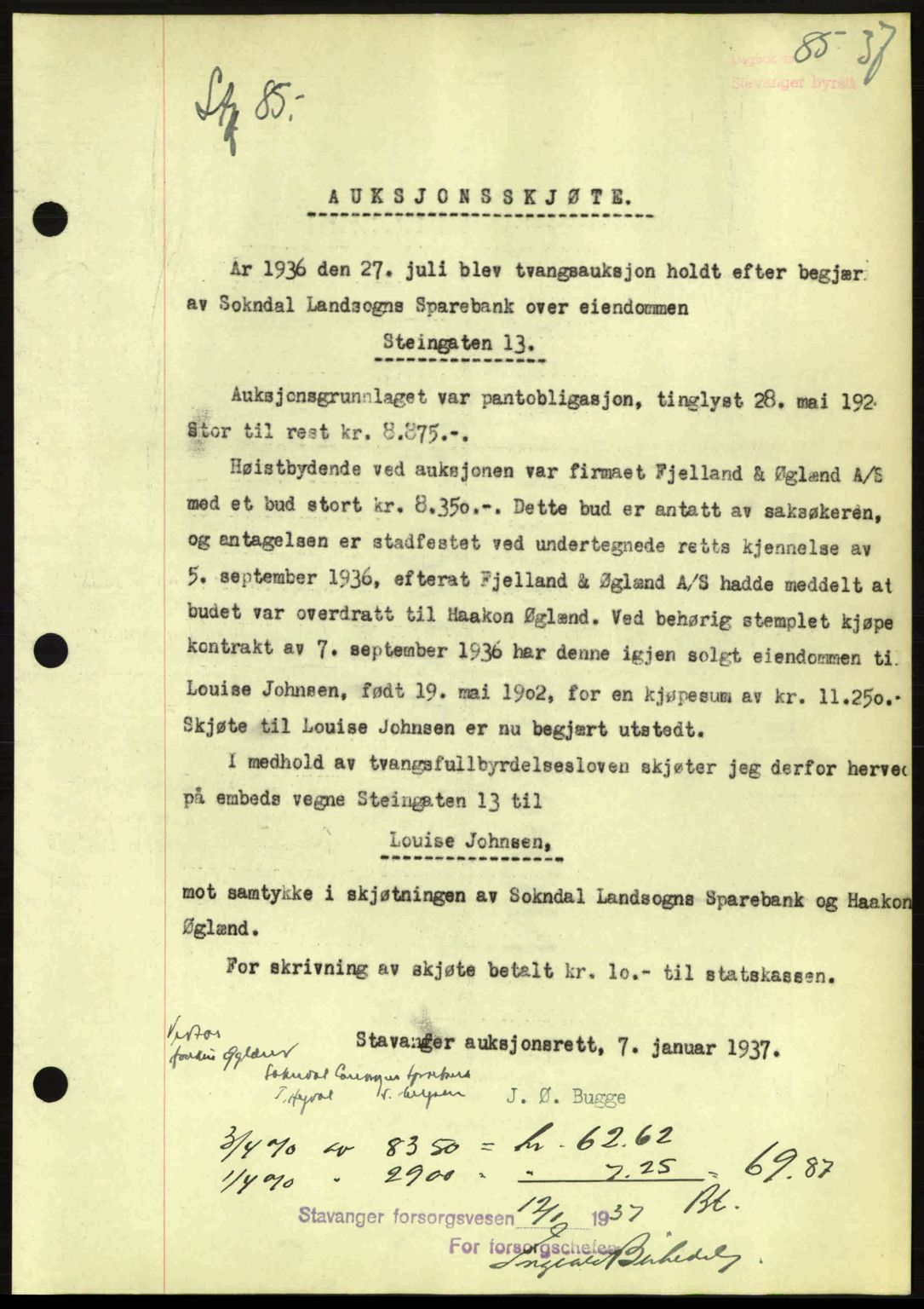 Stavanger byrett, SAST/A-100455/002/G/Gb/L0012: Mortgage book no. A2, 1936-1937, Diary no: : 85/1937