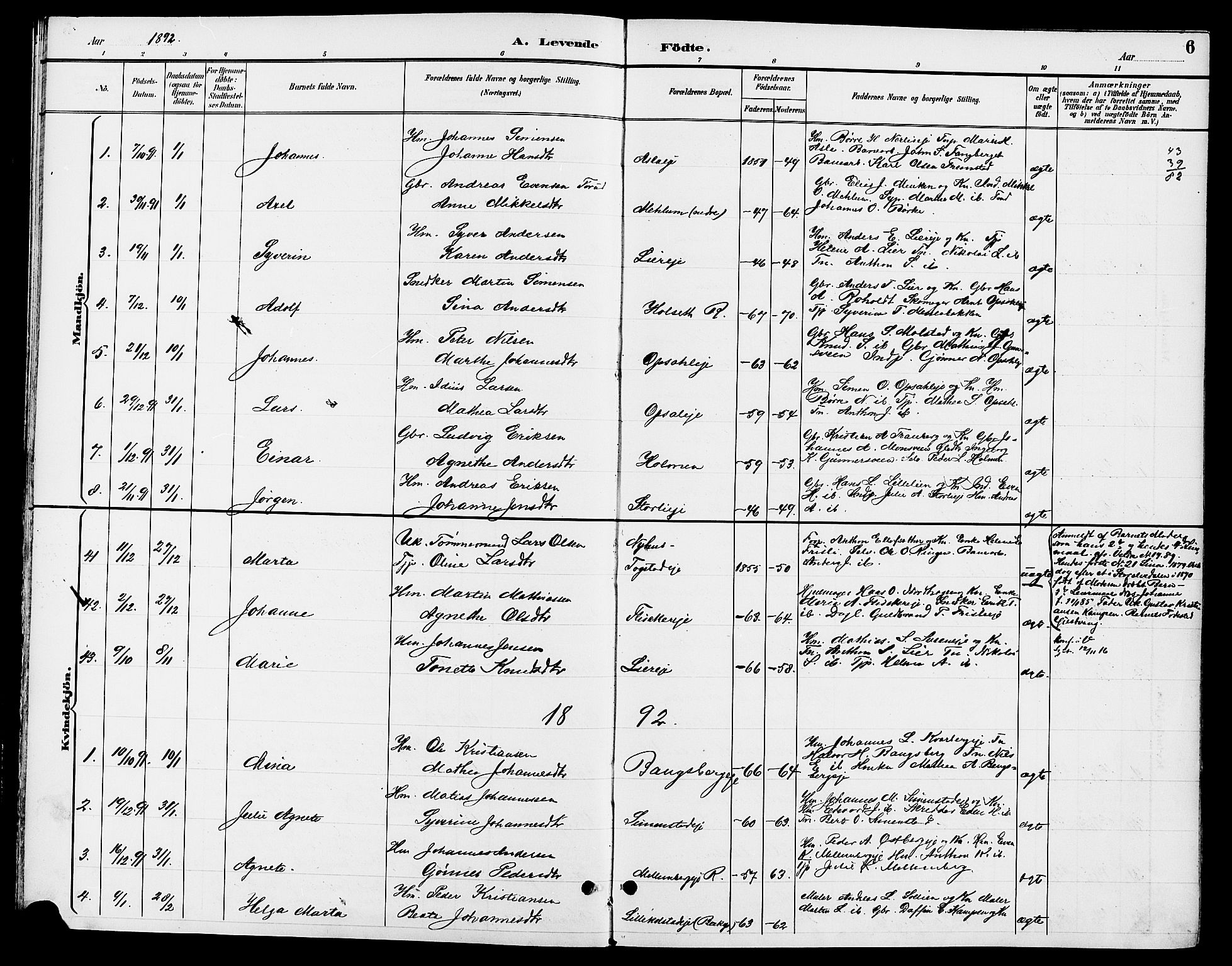 Ringsaker prestekontor, SAH/PREST-014/L/La/L0014: Parish register (copy) no. 14, 1891-1904, p. 6