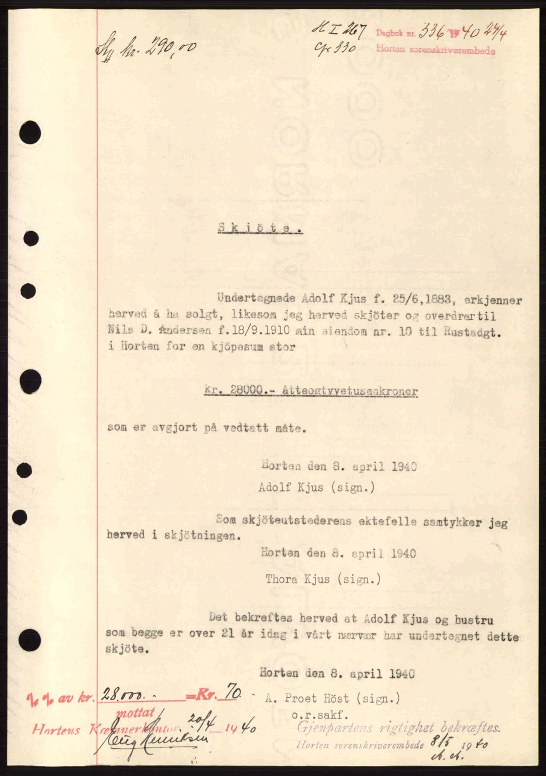 Horten sorenskriveri, AV/SAKO-A-133/G/Ga/Gaa/L0003: Mortgage book no. A-3, 1939-1940, Diary no: : 336/1940