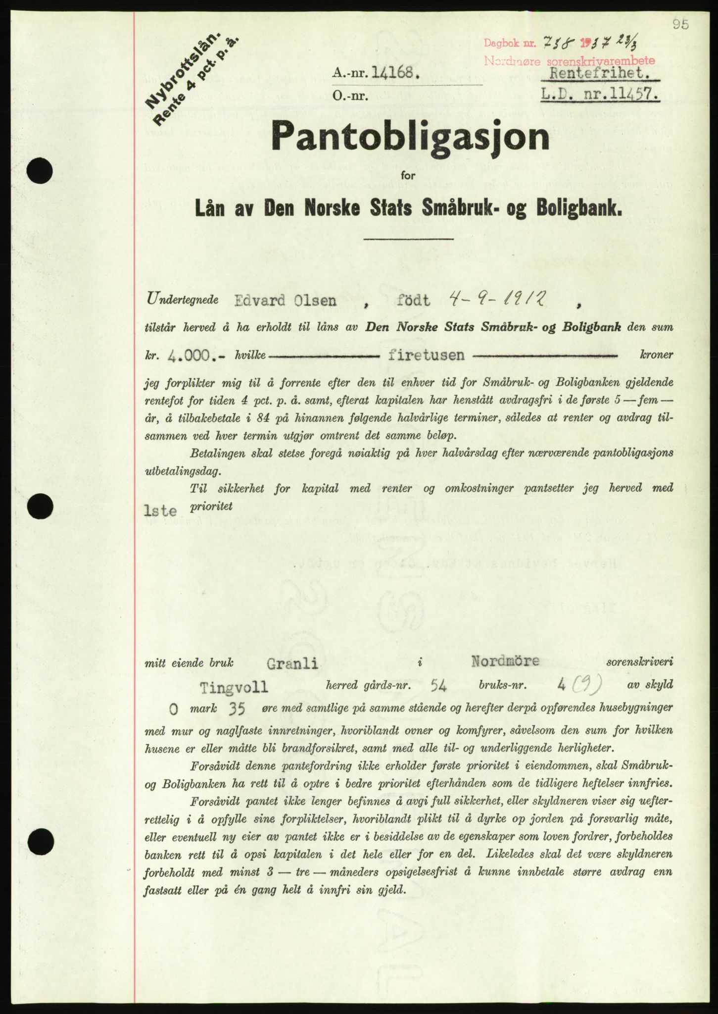 Nordmøre sorenskriveri, AV/SAT-A-4132/1/2/2Ca/L0091: Mortgage book no. B81, 1937-1937, Diary no: : 738/1937