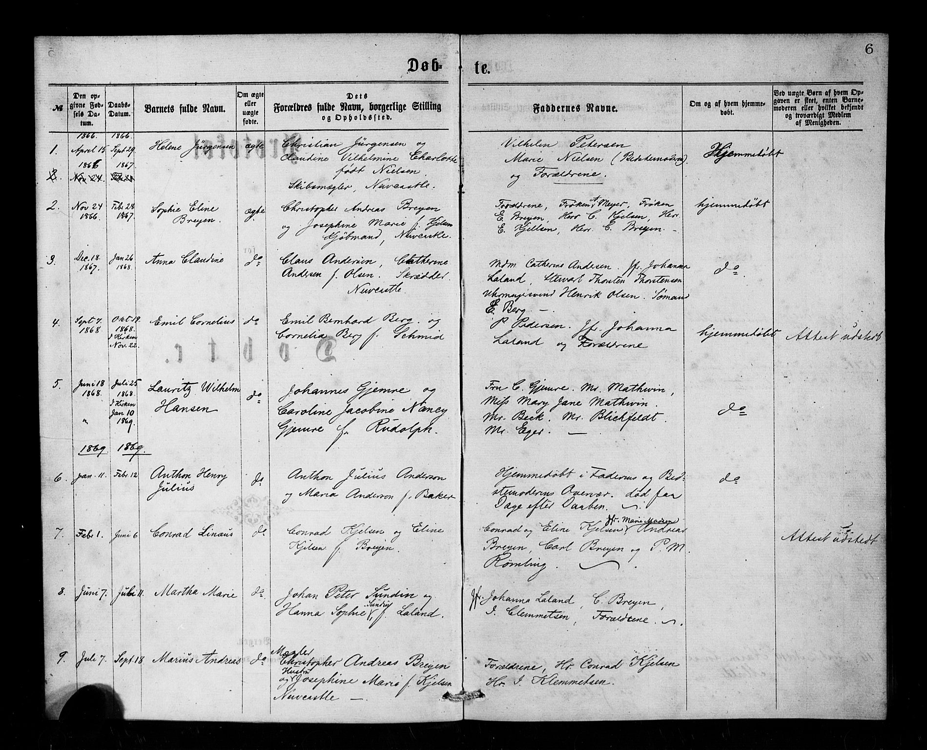 Den norske sjømannsmisjon i utlandet/Tyne-havnene (North Shields og New Castle), SAB/SAB/PA-0101/H/Ha/L0001: Parish register (official) no. A 1, 1865-1883, p. 6