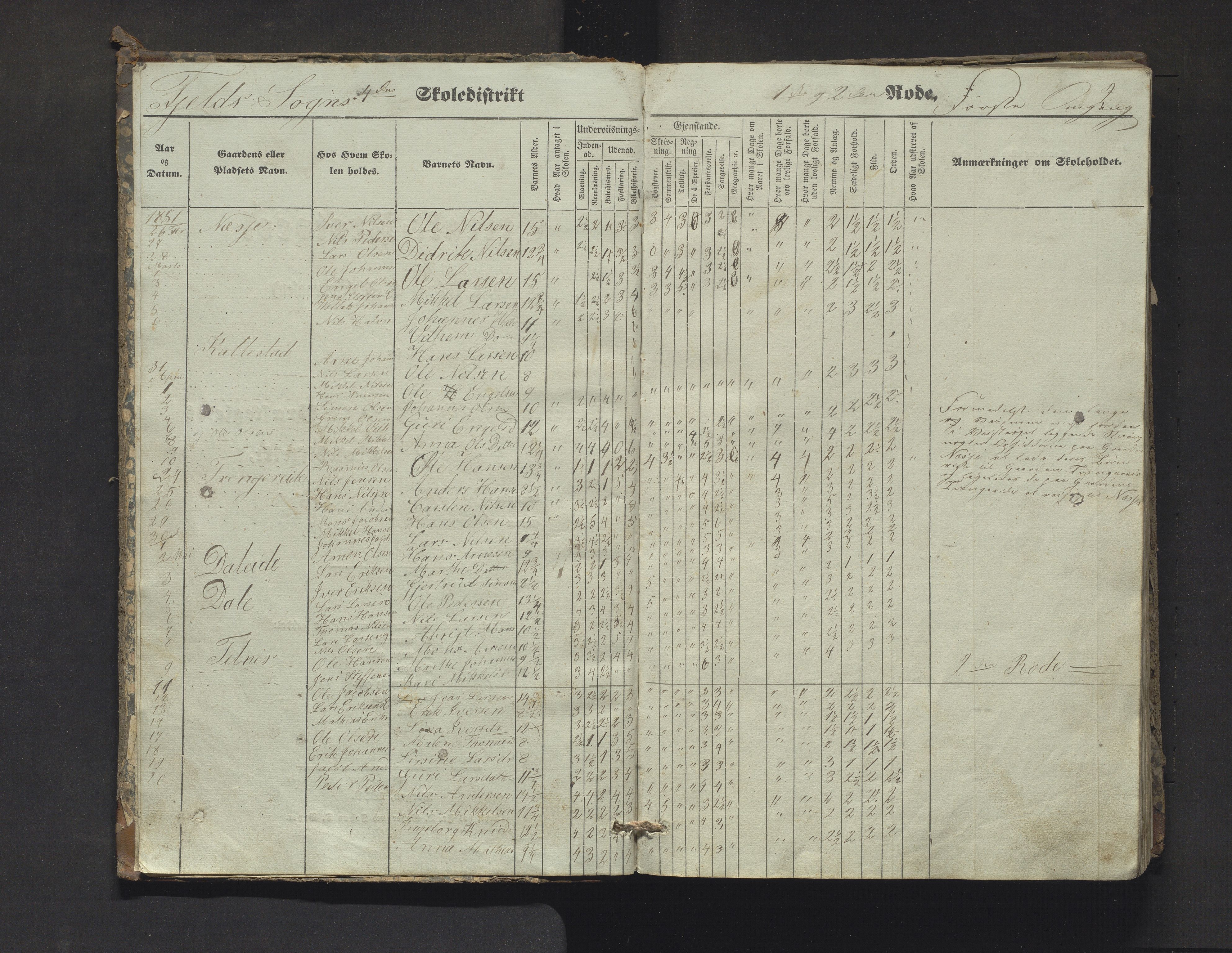 Fjell kommune. Barneskulane, IKAH/1246-231/F/Fa/L0002: Skuleprotokoll for 4. og 2. skuledistrikt, 1851-1859