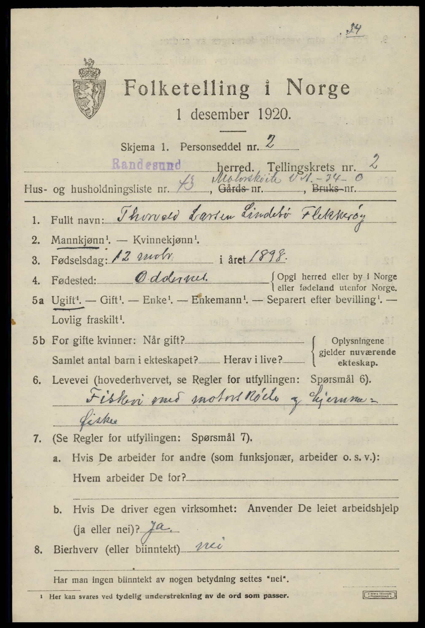 SAK, 1920 census for Randesund, 1920, p. 1446