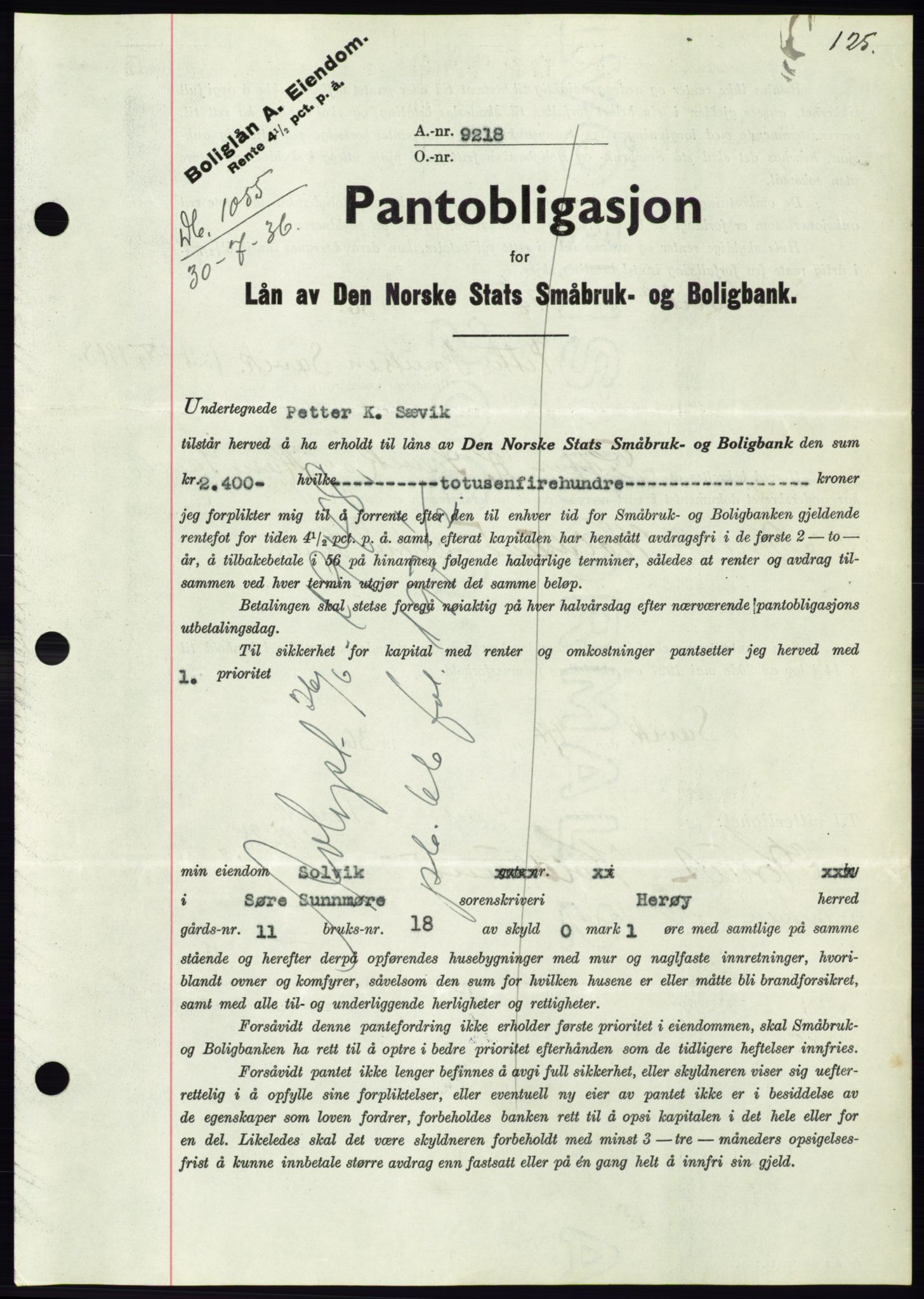 Søre Sunnmøre sorenskriveri, AV/SAT-A-4122/1/2/2C/L0061: Mortgage book no. 55, 1936-1936, Diary no: : 1055/1936