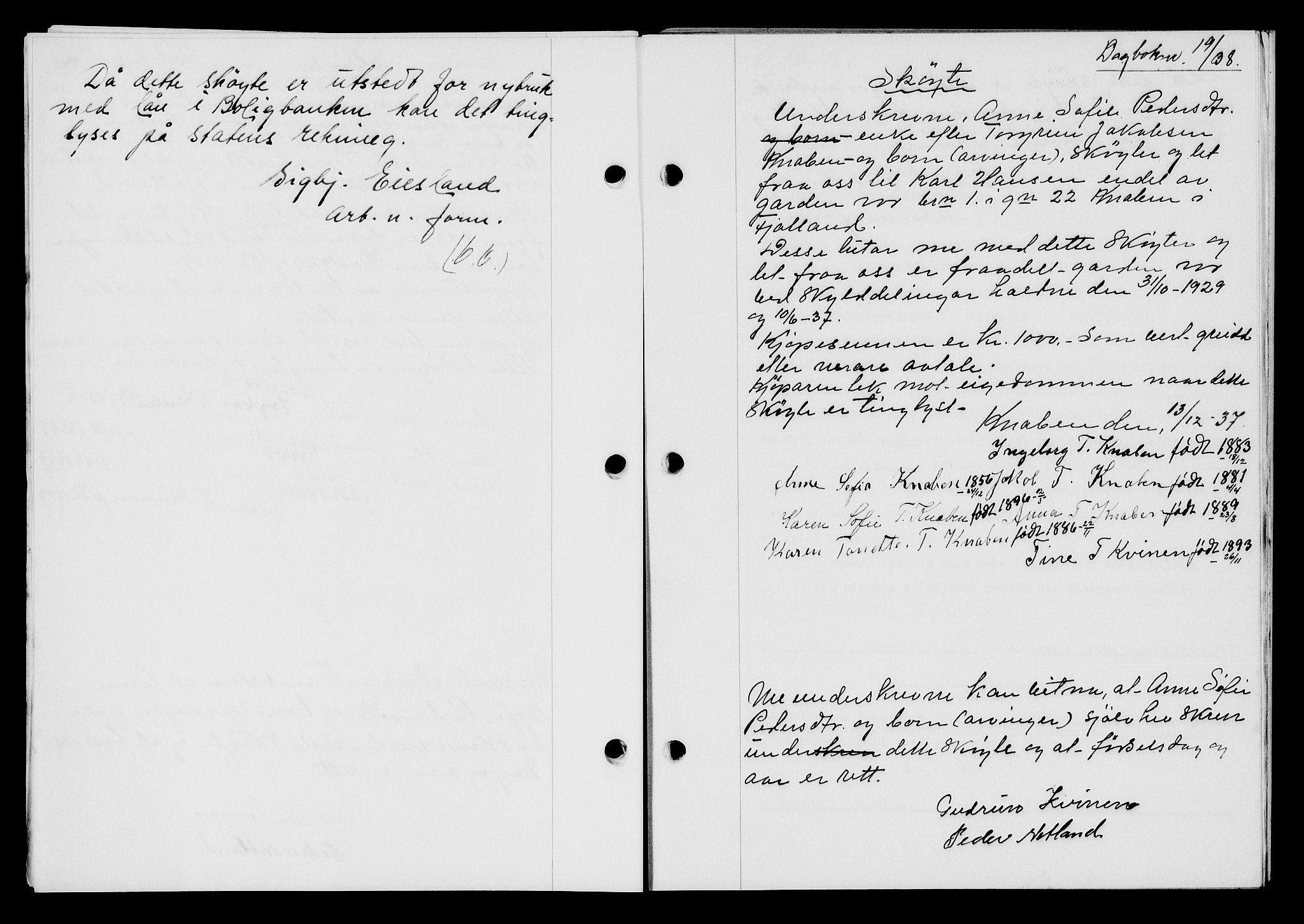 Flekkefjord sorenskriveri, AV/SAK-1221-0001/G/Gb/Gba/L0054: Mortgage book no. A-2, 1937-1938, Diary no: : 19/1938