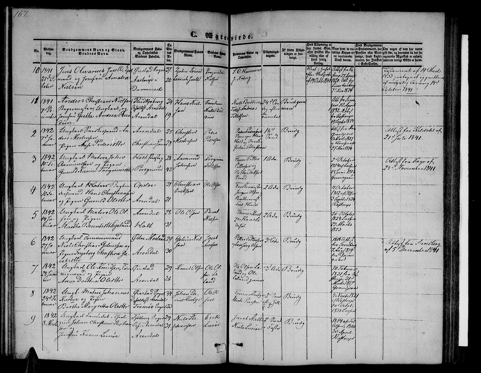 Arendal sokneprestkontor, Trefoldighet, SAK/1111-0040/F/Fb/L0002: Parish register (copy) no. B 2, 1838-1860, p. 167