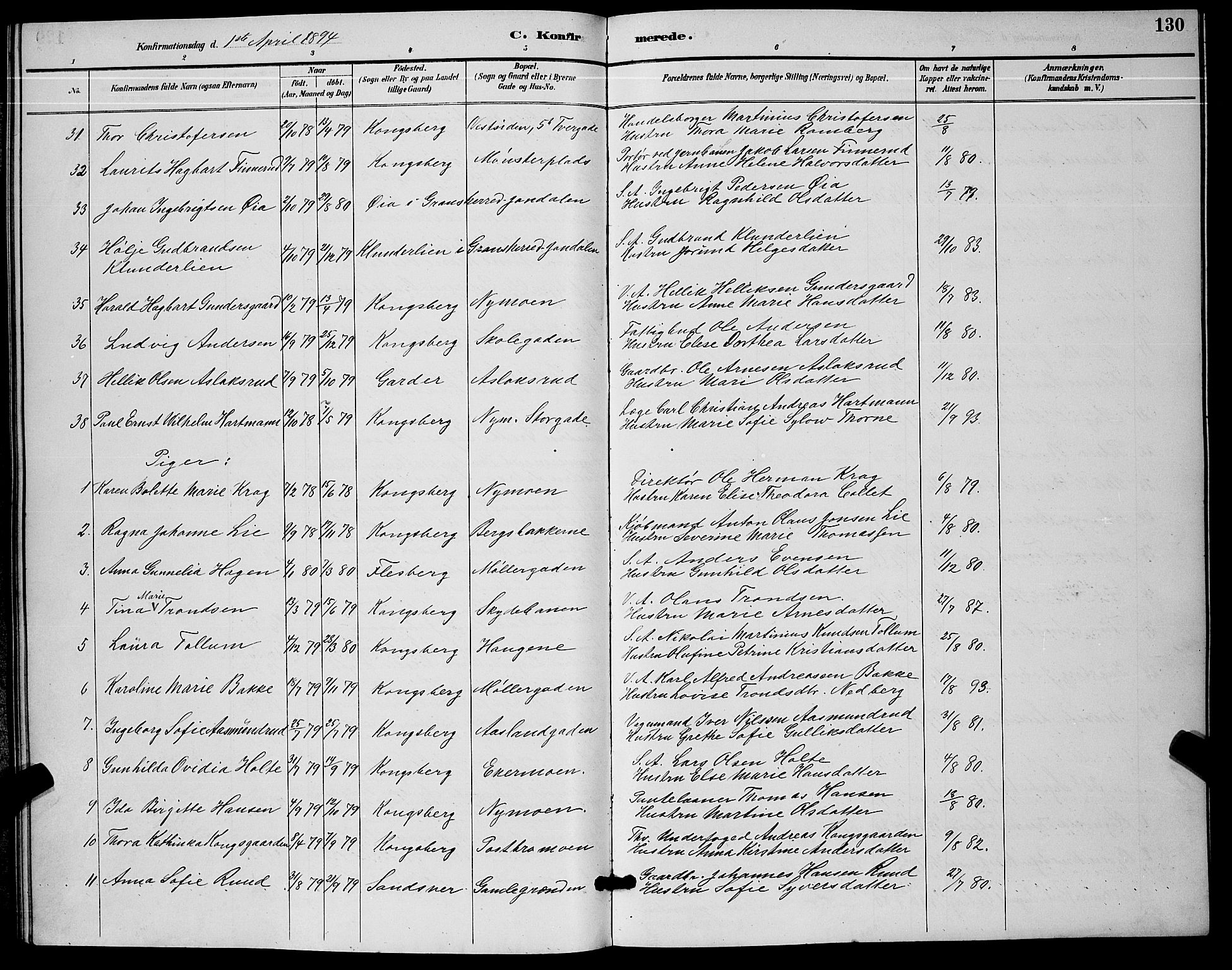 Kongsberg kirkebøker, AV/SAKO-A-22/G/Ga/L0006: Parish register (copy) no. 6, 1890-1901, p. 130