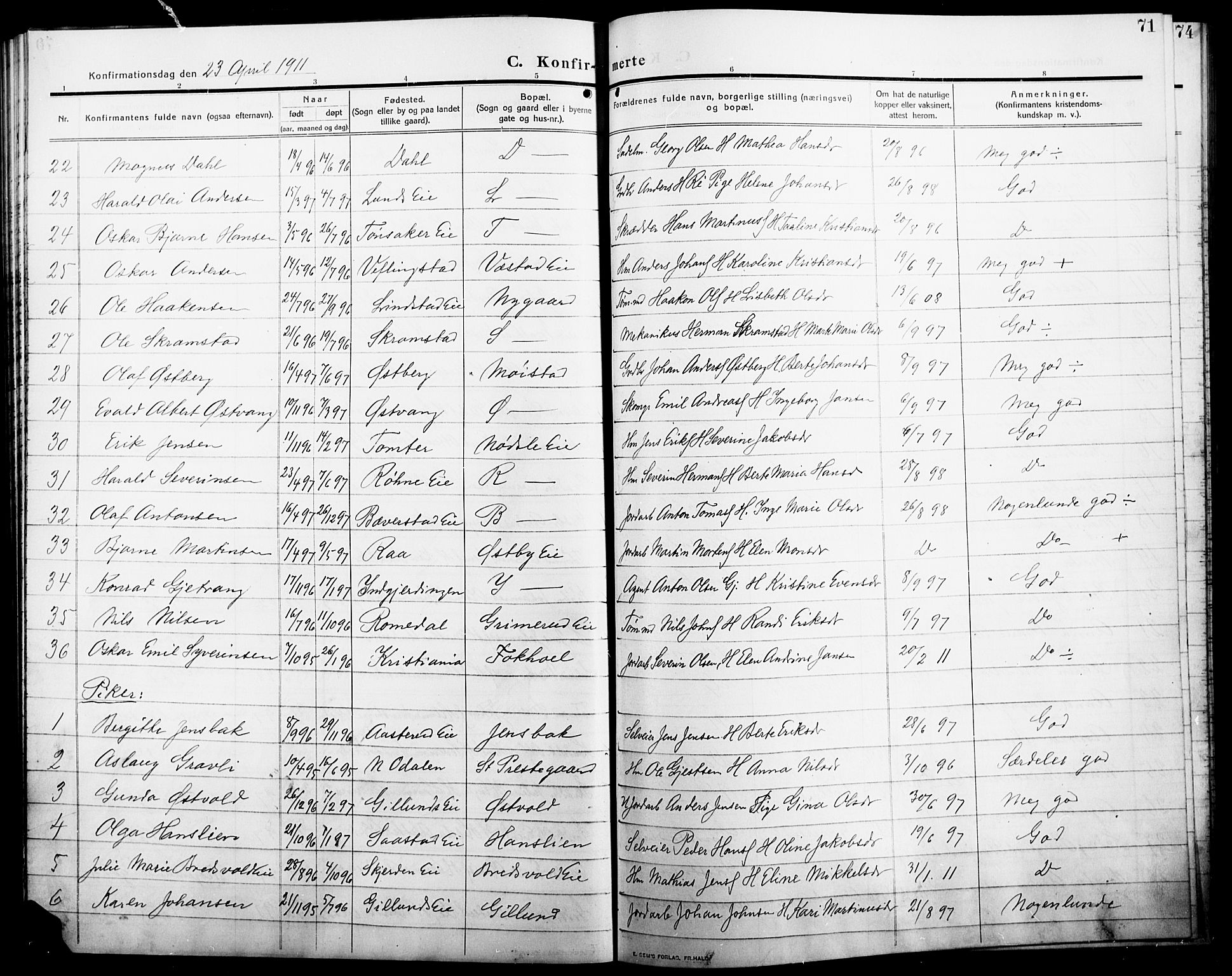 Stange prestekontor, AV/SAH-PREST-002/L/L0014: Parish register (copy) no. 14, 1909-1917, p. 71