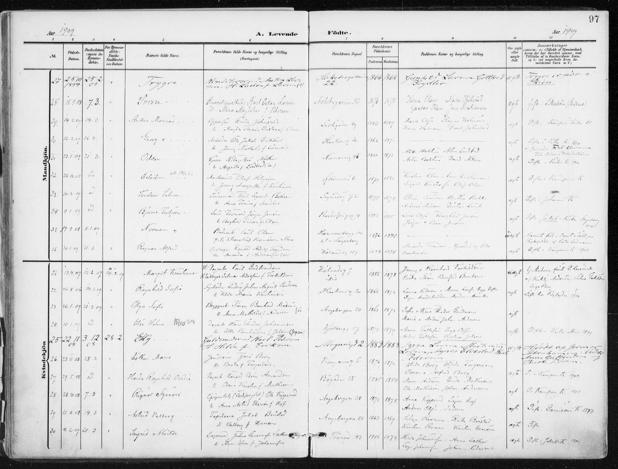 Kampen prestekontor Kirkebøker, AV/SAO-A-10853/F/Fa/L0010: Parish register (official) no. I 10, 1905-1917, p. 97