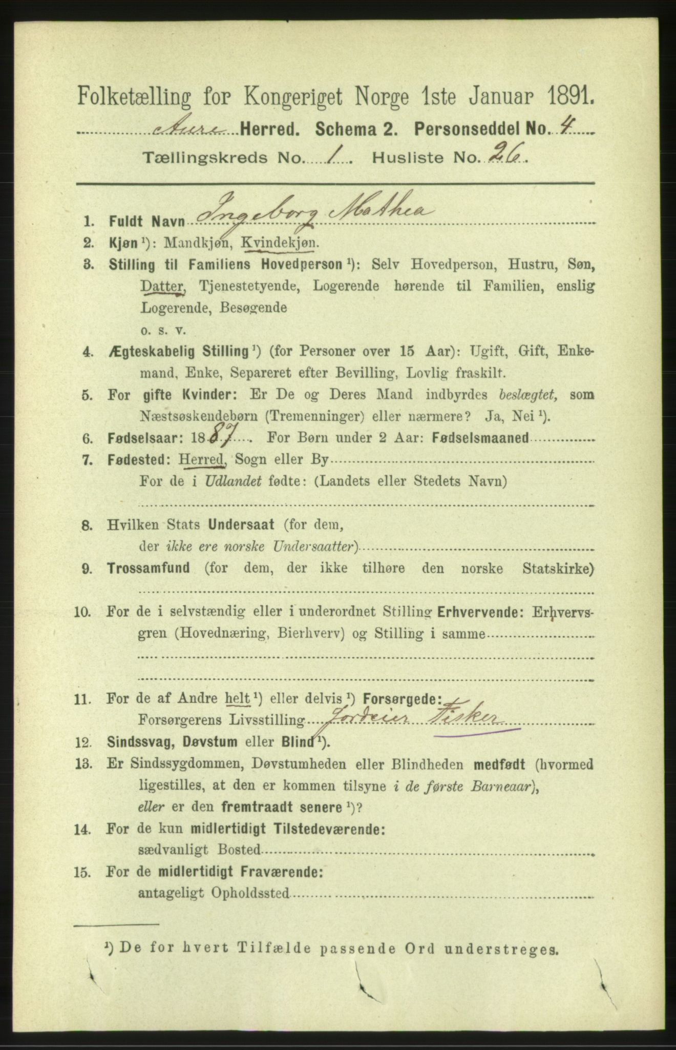 RA, 1891 census for 1569 Aure, 1891, p. 274