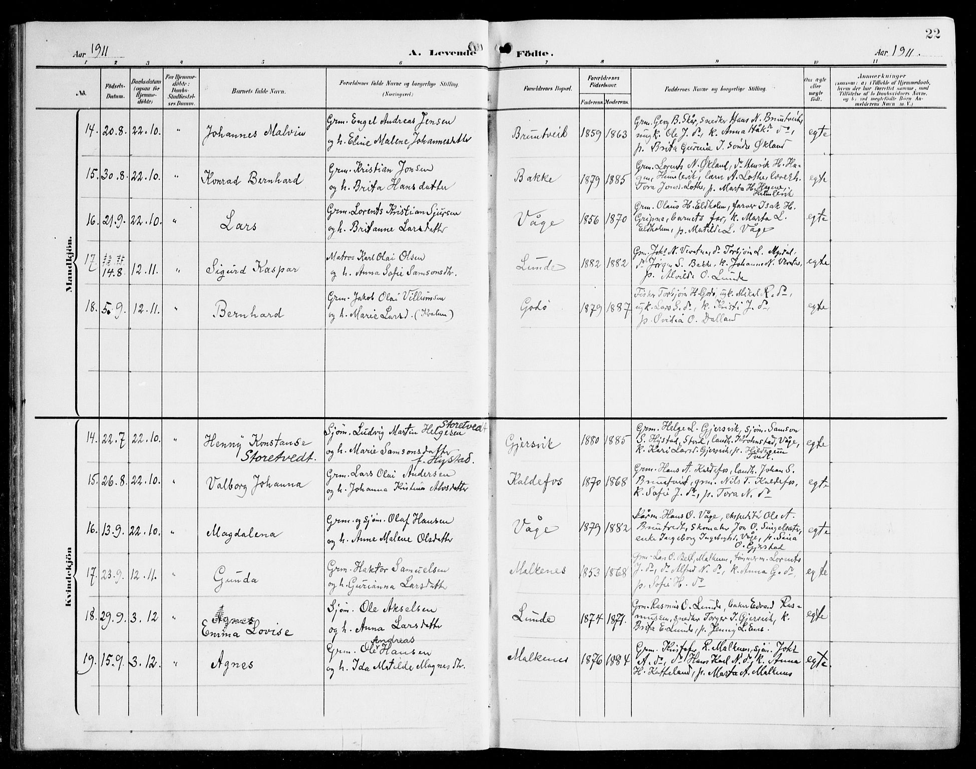 Tysnes sokneprestembete, SAB/A-78601/H/Haa: Parish register (official) no. B 2, 1907-1925, p. 22