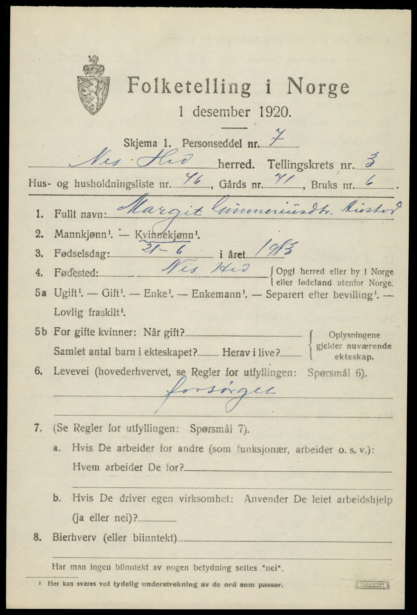 SAH, 1920 census for Nes (Hedmark), 1920, p. 5434