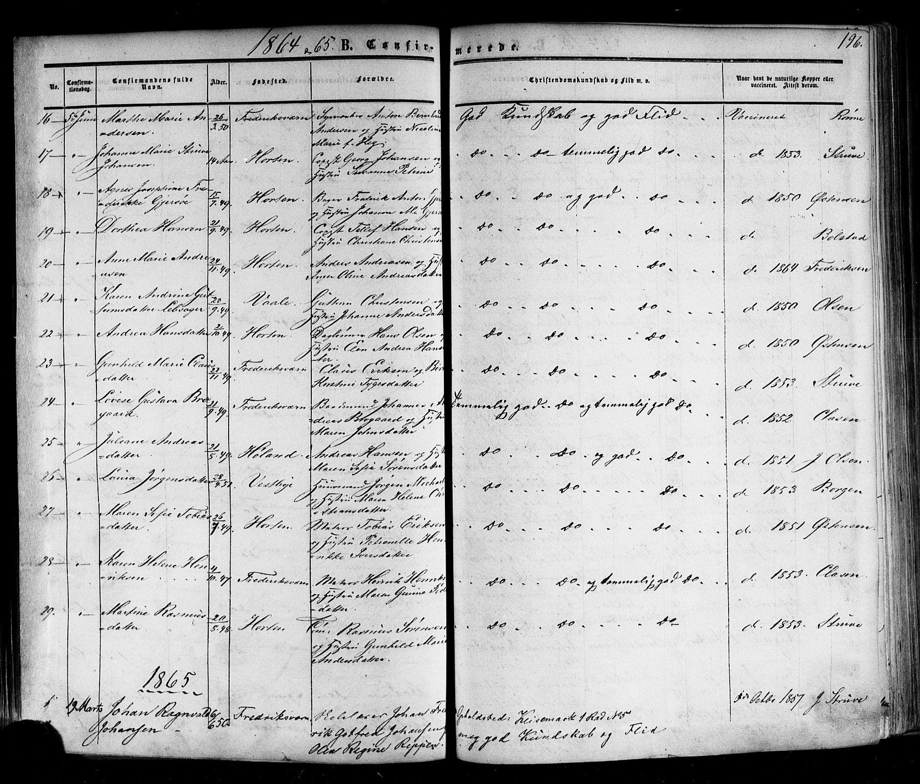 Horten kirkebøker, AV/SAKO-A-348/F/Fa/L0001: Parish register (official) no. 1, 1855-1871, p. 196