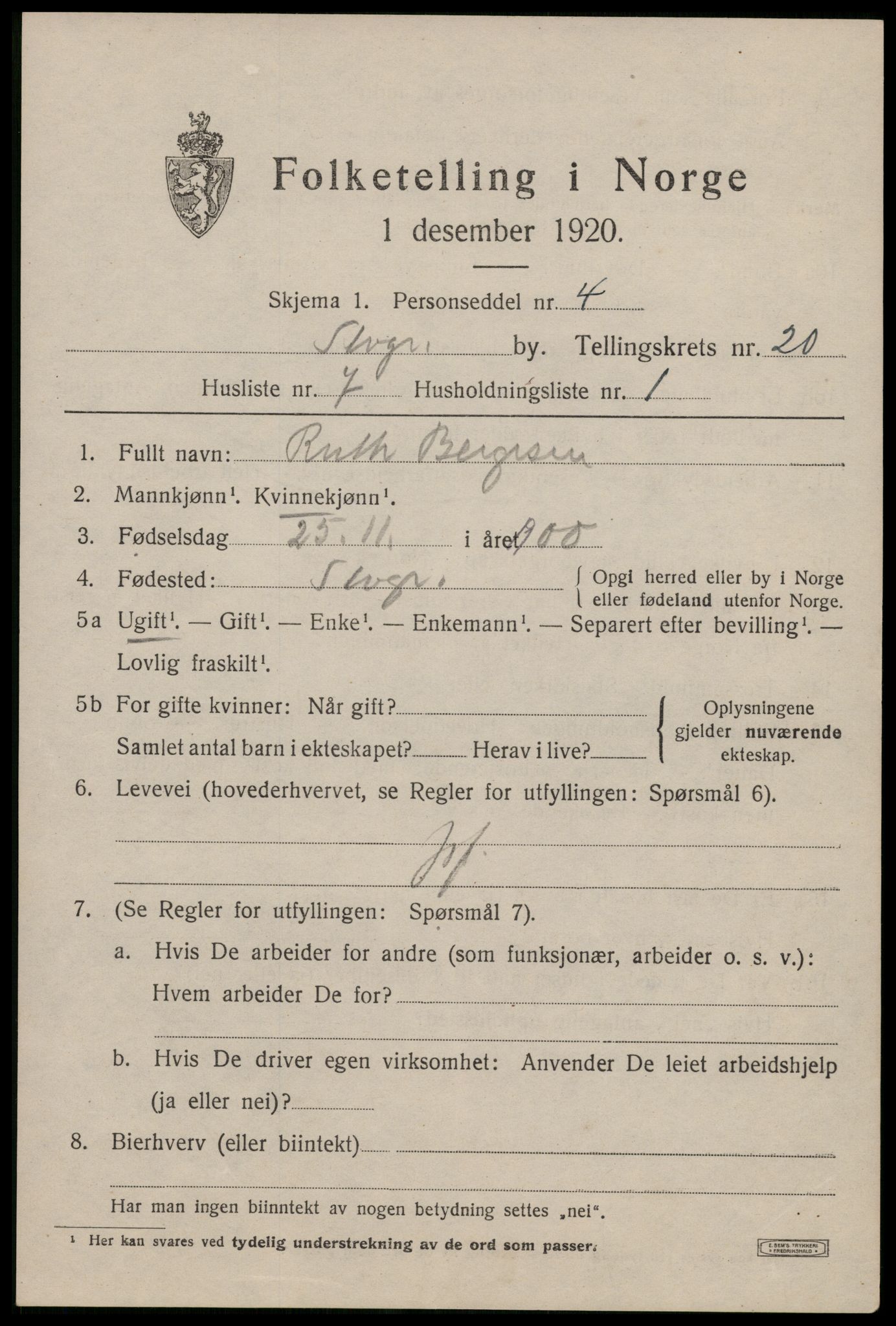 SAST, 1920 census for Stavanger, 1920, p. 70044