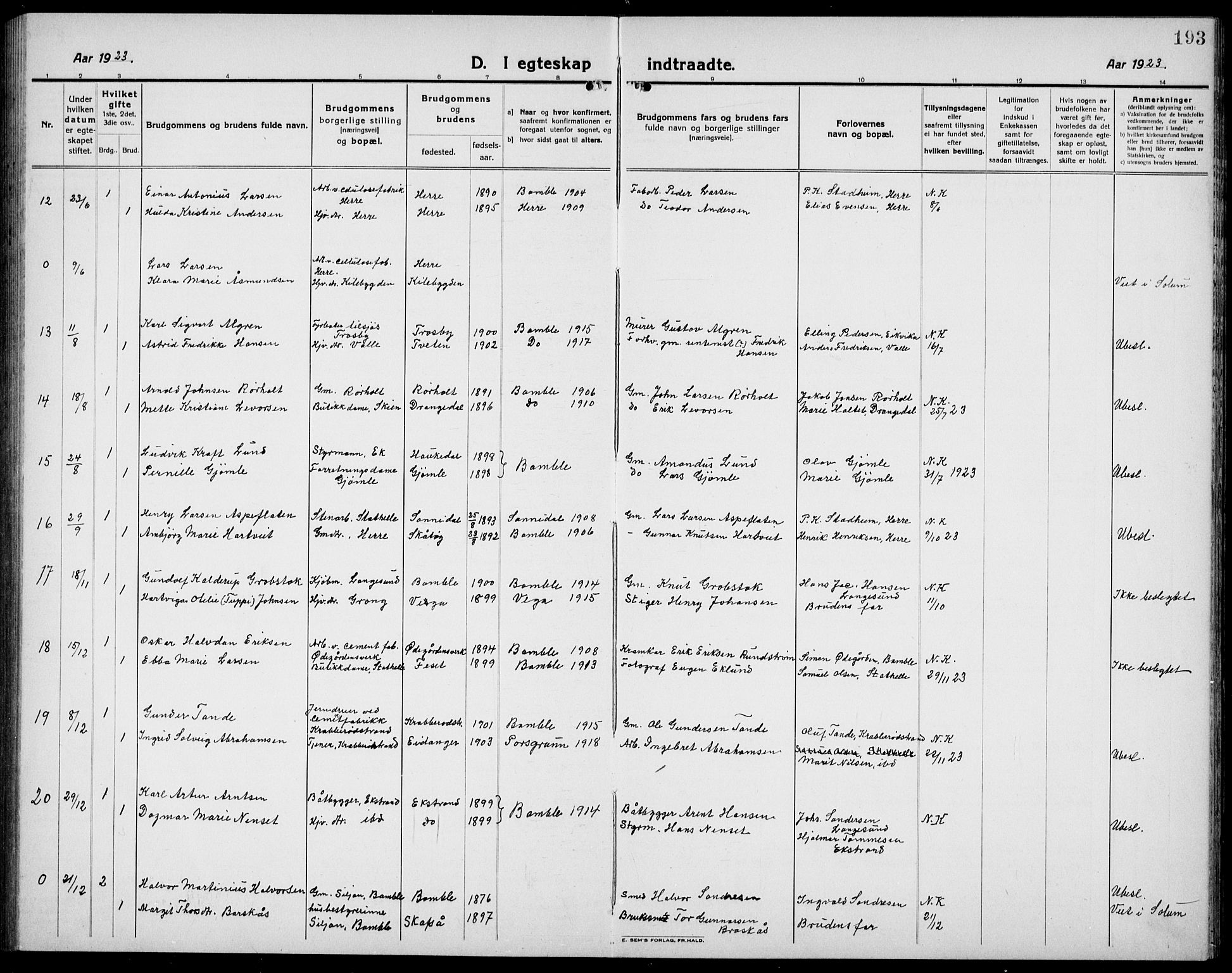 Bamble kirkebøker, SAKO/A-253/G/Ga/L0011: Parish register (copy) no. I 11, 1920-1935, p. 193