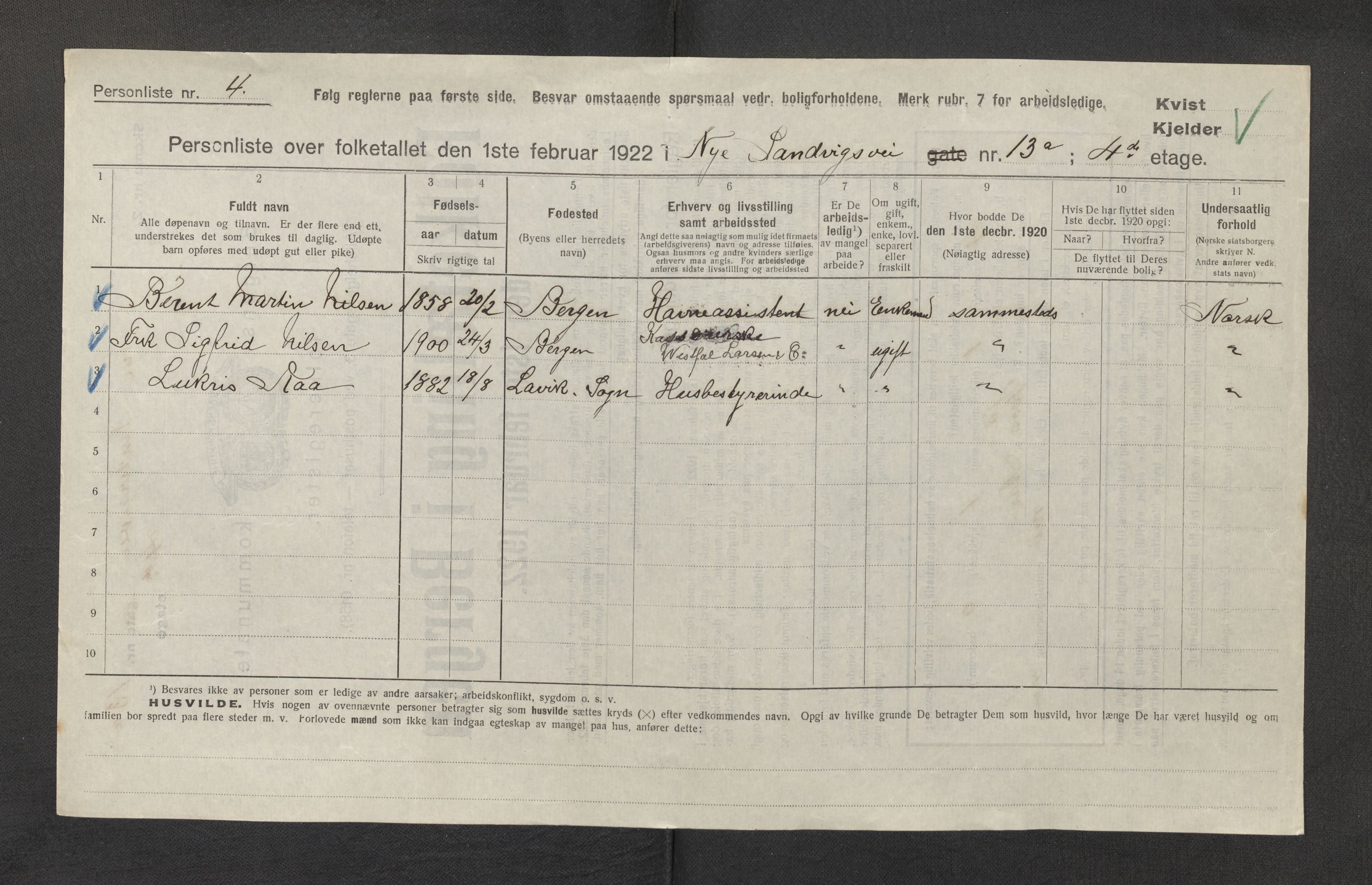 SAB, Municipal Census 1922 for Bergen, 1922, p. 34690