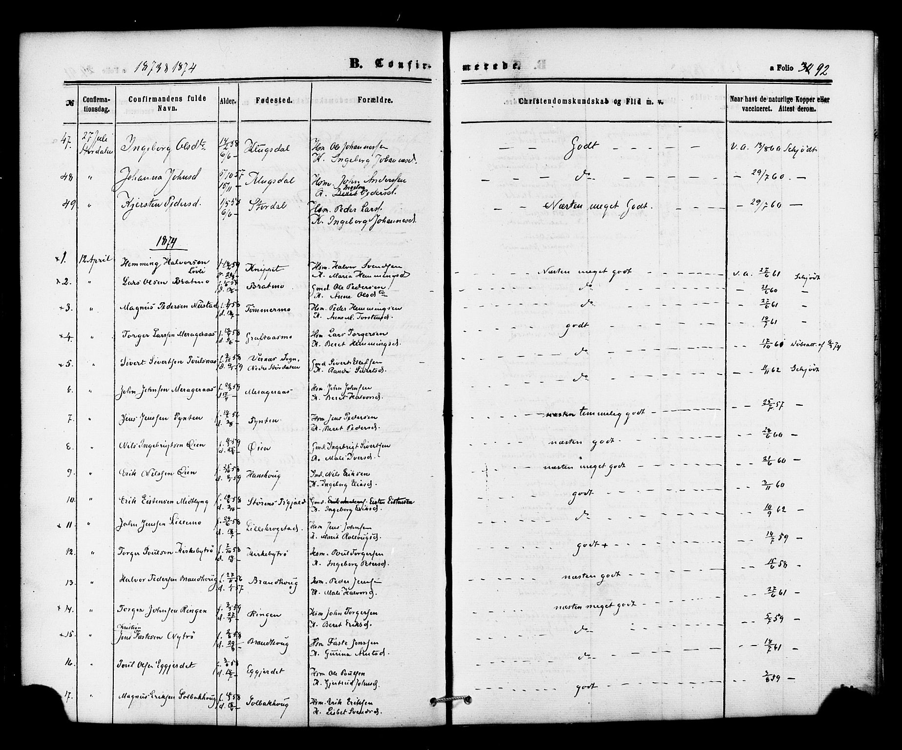 Ministerialprotokoller, klokkerbøker og fødselsregistre - Nord-Trøndelag, SAT/A-1458/706/L0041: Parish register (official) no. 706A02, 1862-1877, p. 92