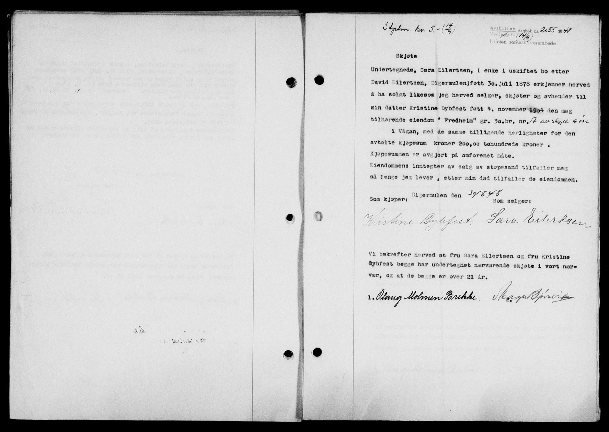 Lofoten sorenskriveri, SAT/A-0017/1/2/2C/L0019a: Mortgage book no. 19a, 1948-1948, Diary no: : 2055/1948