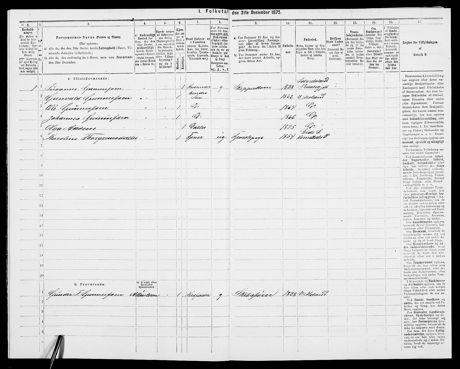 SAK, 1875 census for 0926L Vestre Moland/Vestre Moland, 1875, p. 403