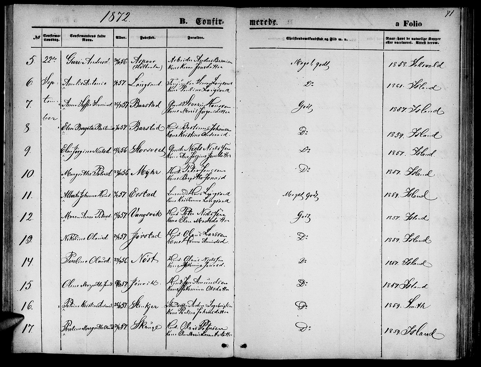 Ministerialprotokoller, klokkerbøker og fødselsregistre - Nord-Trøndelag, AV/SAT-A-1458/722/L0225: Parish register (copy) no. 722C01, 1871-1888, p. 71