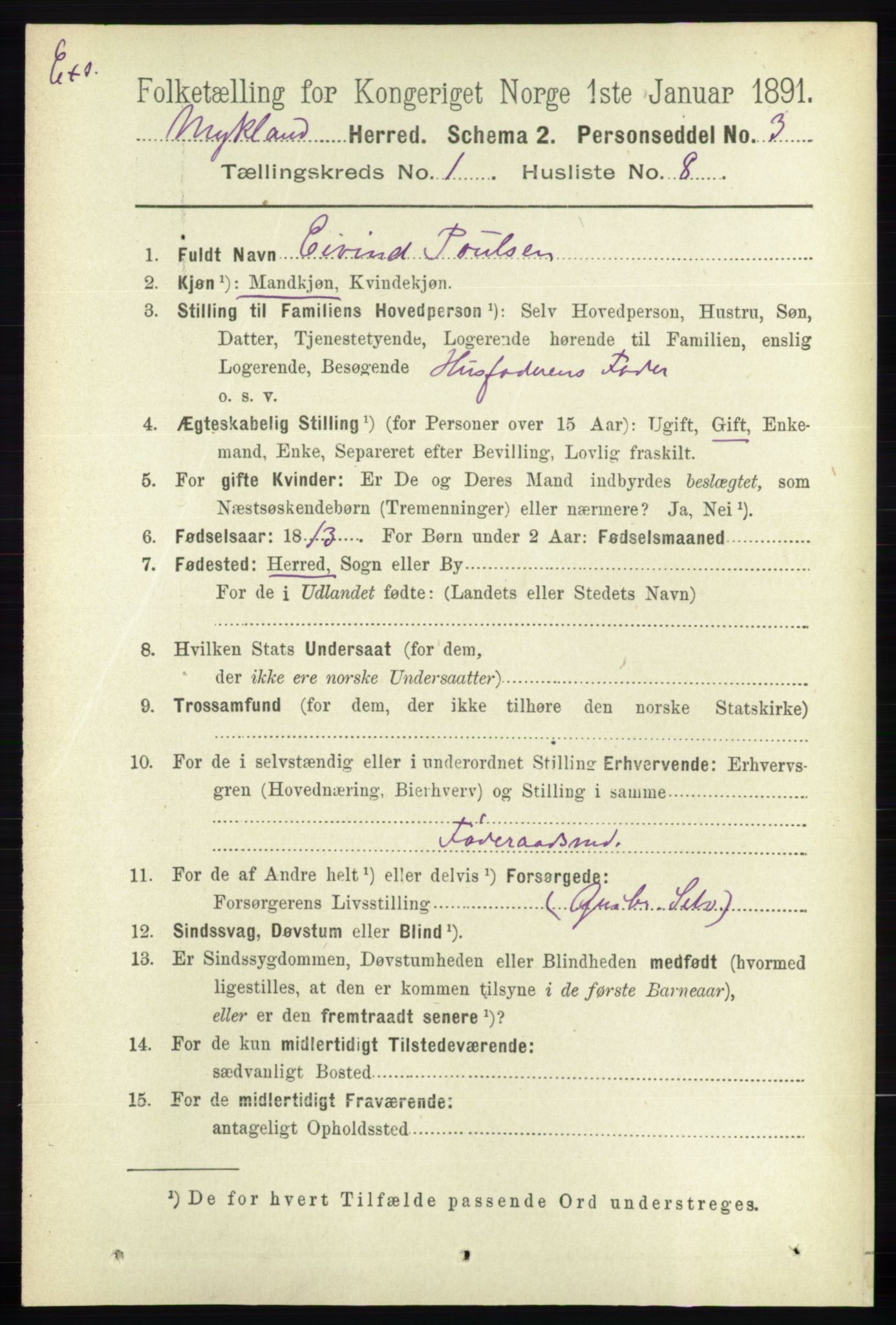 RA, Census 1891 for Nedenes amt: Gjenparter av personsedler for beslektede ektefeller, menn, 1891, p. 397