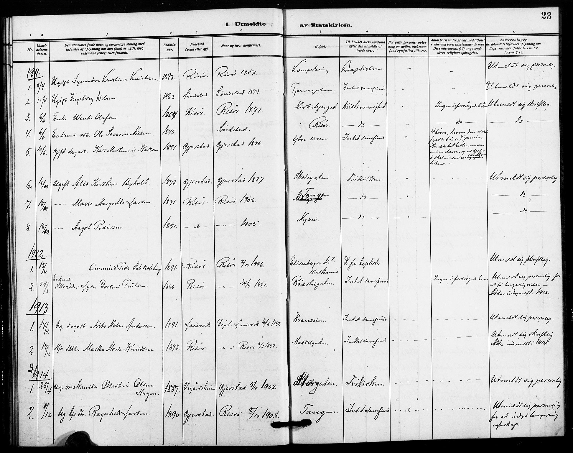 Risør sokneprestkontor, SAK/1111-0035/F/Fa/L0007: Parish register (official) no. A 7, 1908-1921, p. 23