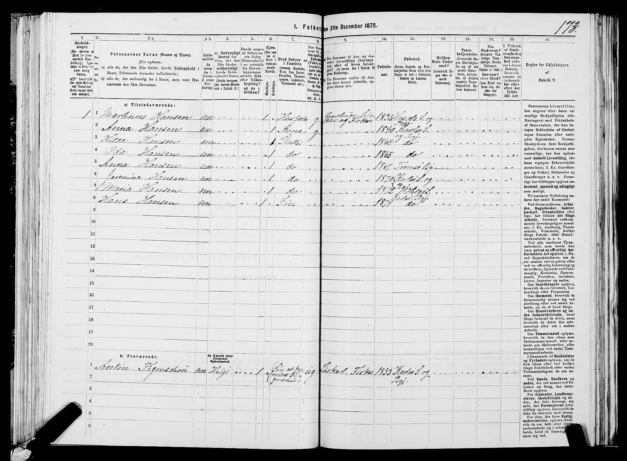 SATØ, 1875 census for 1936P Karlsøy, 1875, p. 2173