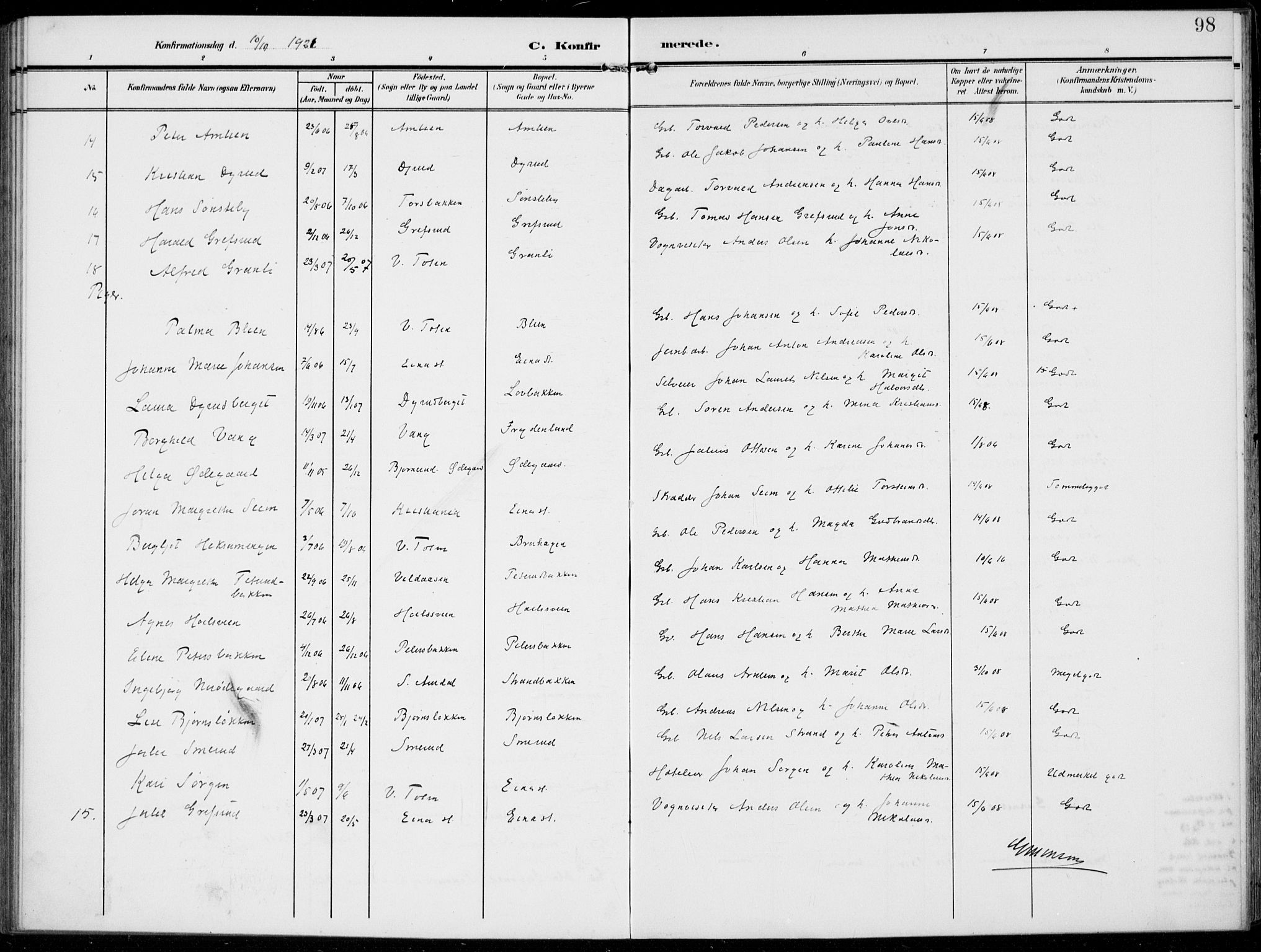 Kolbu prestekontor, SAH/PREST-110/H/Ha/Haa/L0001: Parish register (official) no. 1, 1907-1923, p. 98