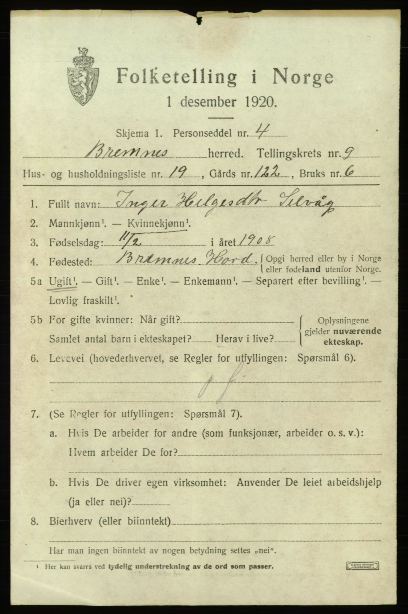 SAB, 1920 census for Bremnes, 1920, p. 6354