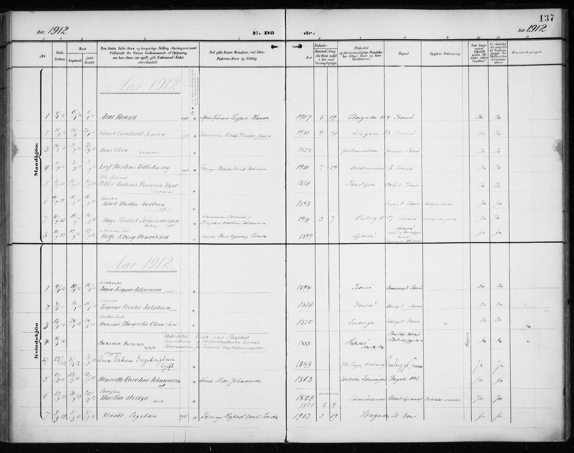 Tromsø sokneprestkontor/stiftsprosti/domprosti, AV/SATØ-S-1343/G/Ga/L0018kirke: Parish register (official) no. 18, 1907-1917, p. 137