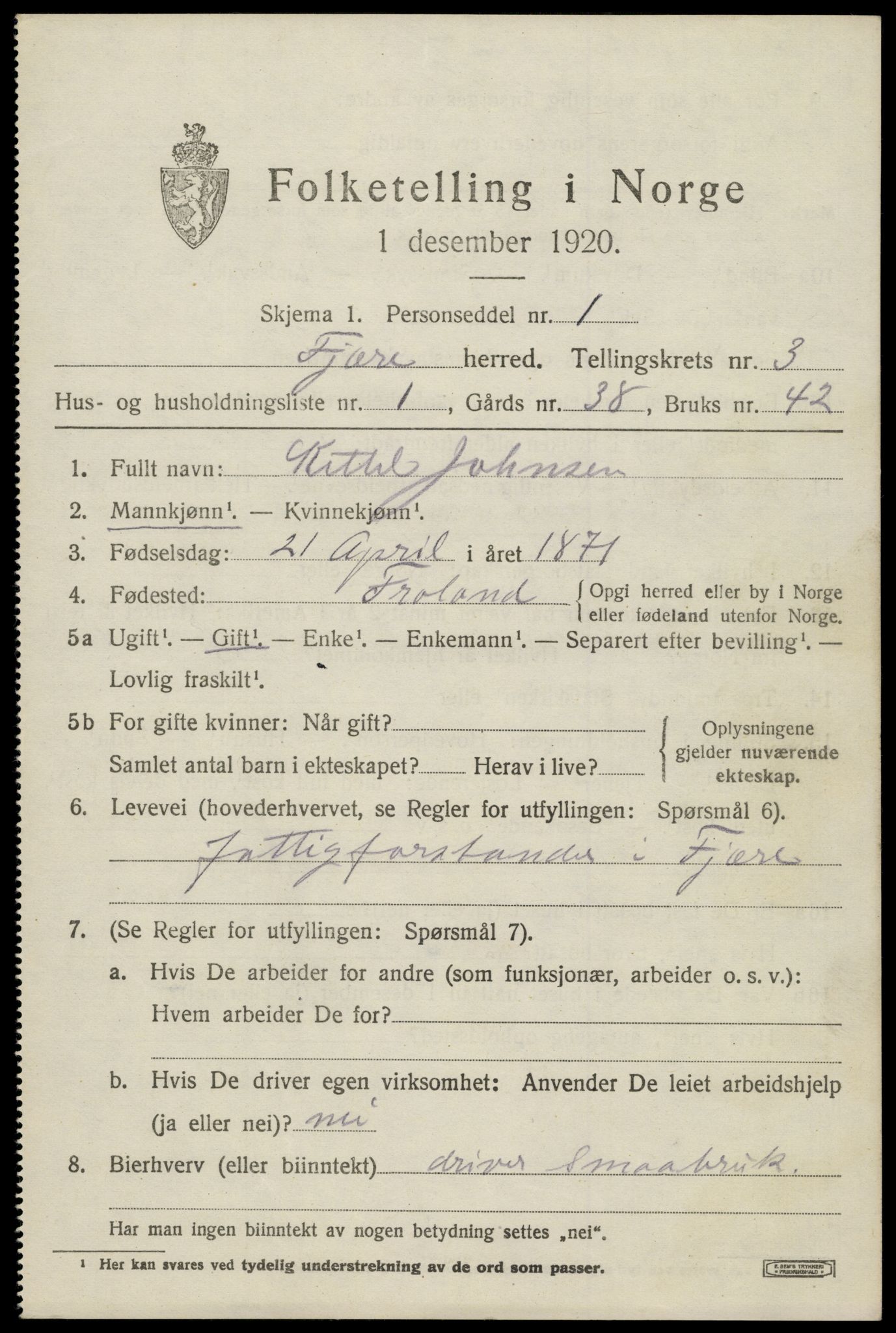 SAK, 1920 census for Fjære, 1920, p. 4527