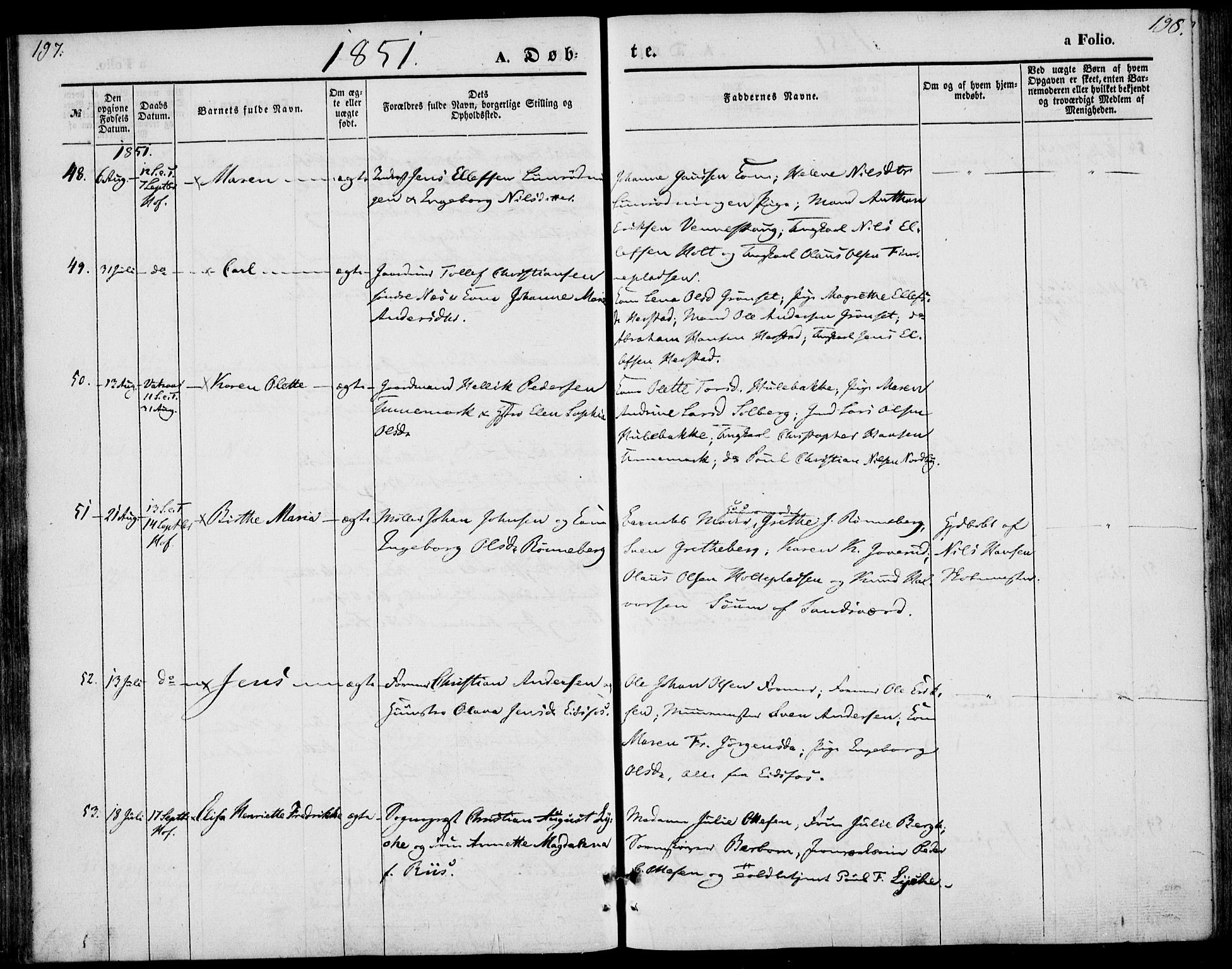 Hof kirkebøker, AV/SAKO-A-64/F/Fa/L0005: Parish register (official) no. I 5, 1844-1851, p. 197-198