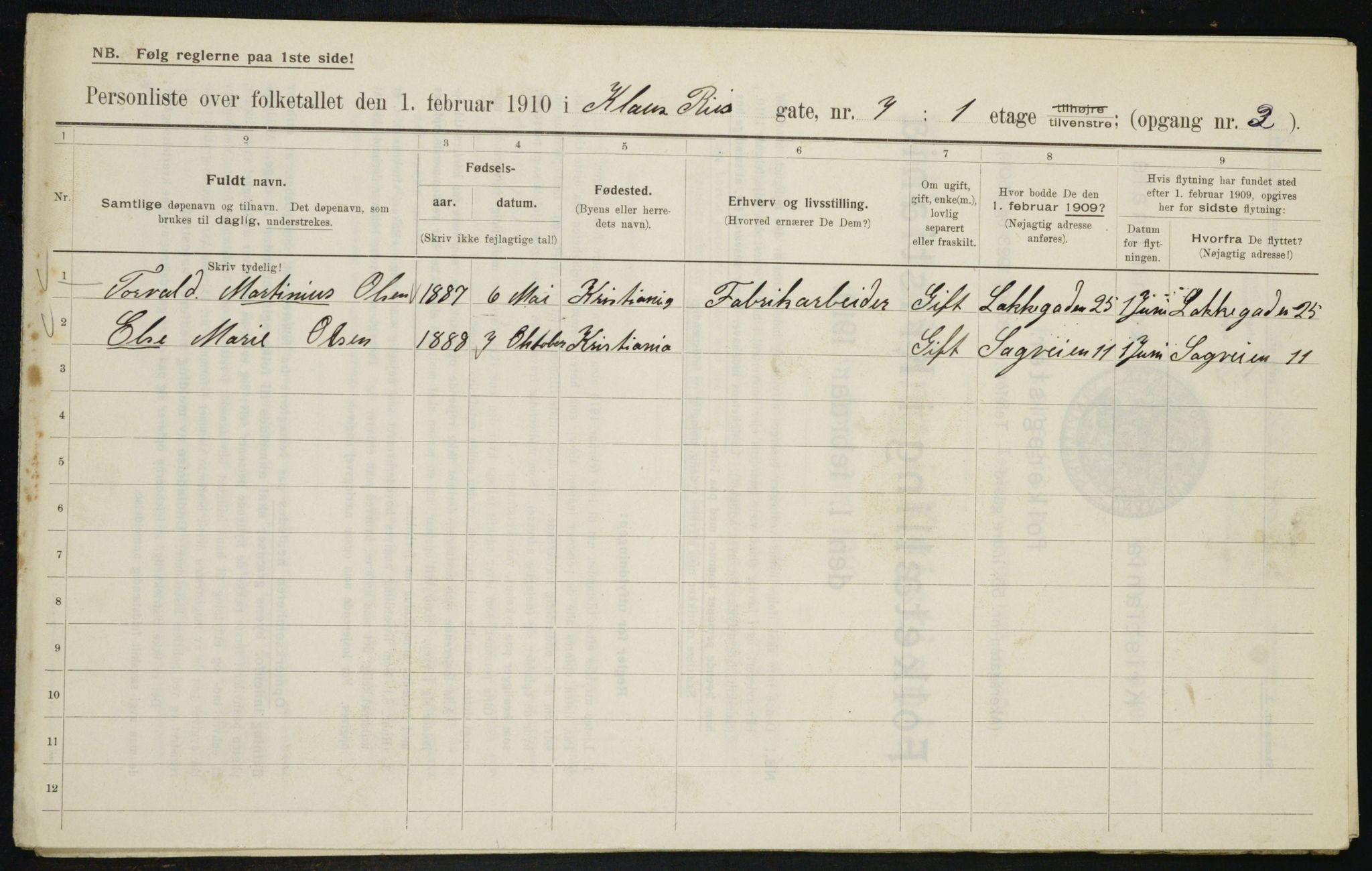 OBA, Municipal Census 1910 for Kristiania, 1910, p. 12207