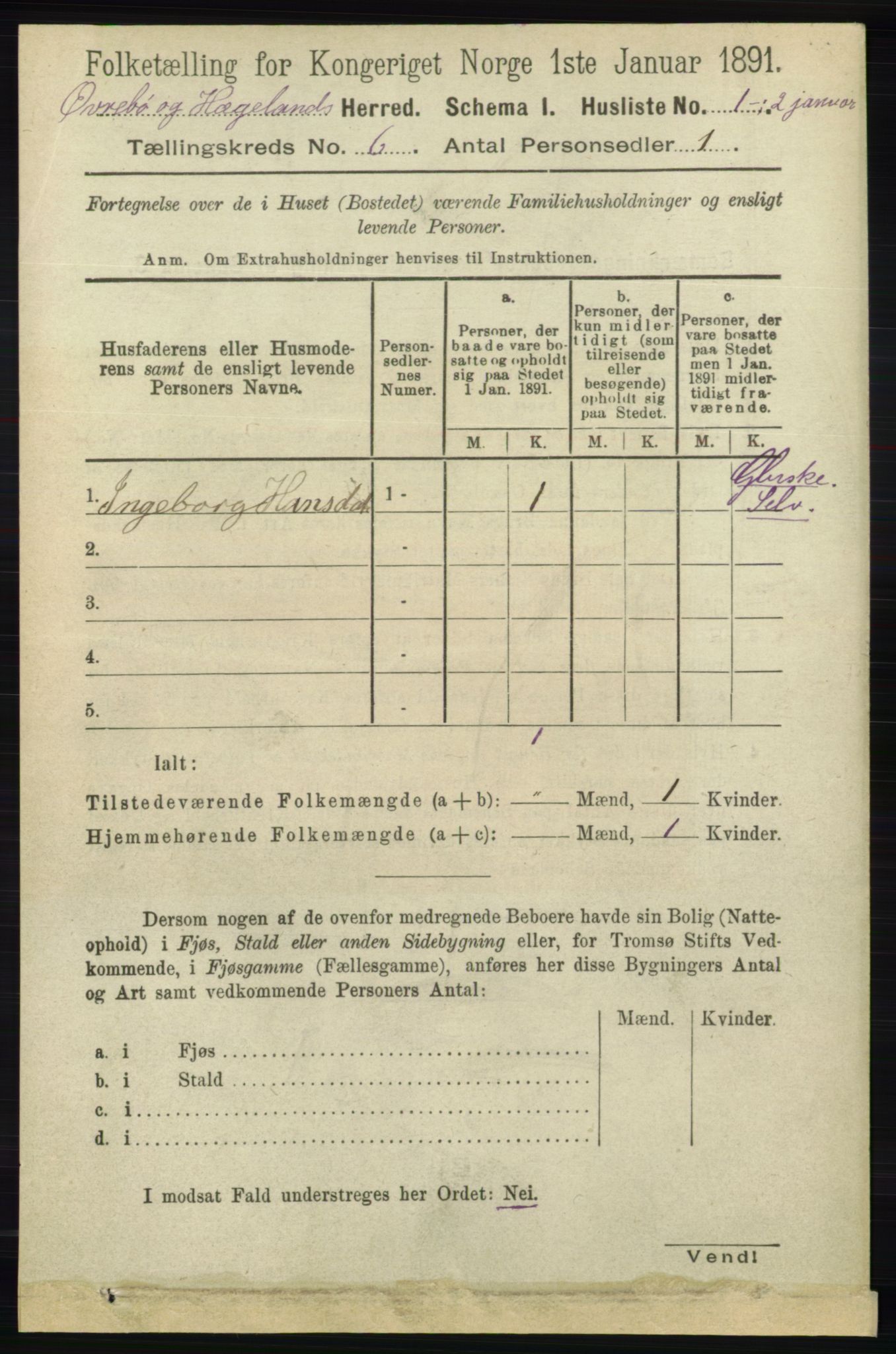 RA, 1891 census for 1016 Øvrebø og Hægeland, 1891, p. 1146